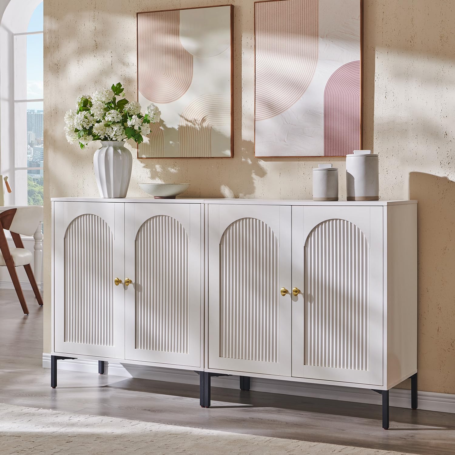 IFBUY Modern Sideboard Buffet Cabinet, 34" Tall Fluted Arched Buffet Cabinet with Storage and Adjustable Shelves, Wooden Modular Coffee Bar Cabinets for Kitchen, Entryway, Natural