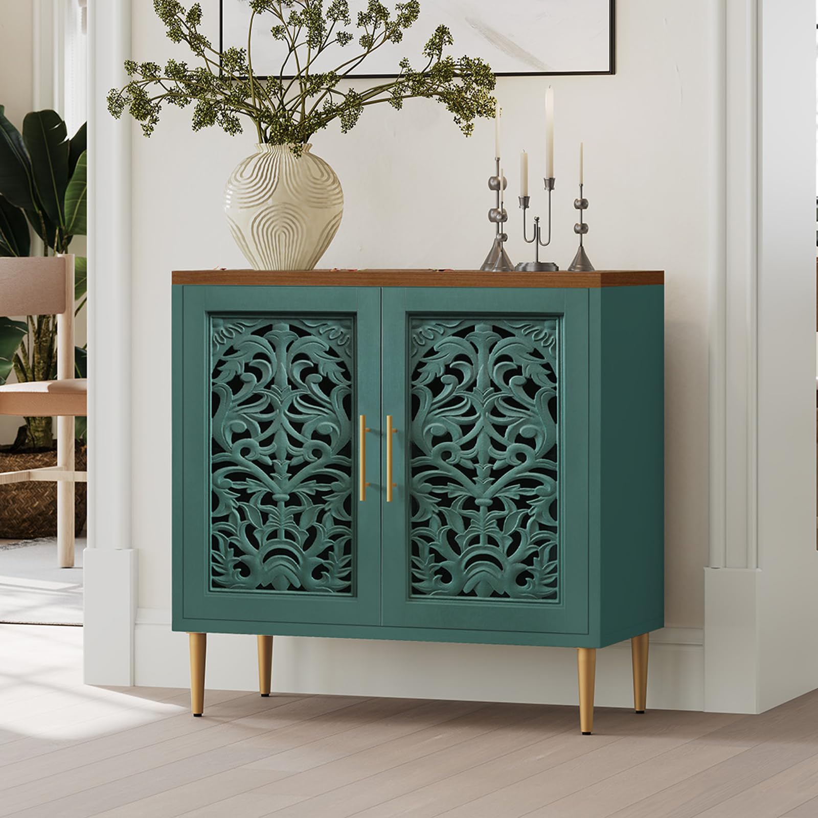 ARTPOWER Accent Cabinet with 2 Doors, Vintage Hollow Carving Buffet Cabinet, Sideboards and Buffets with Storage, Credenza for Living Room, Kitchen, Dining Room, Entryway, Hallway, Walnut
