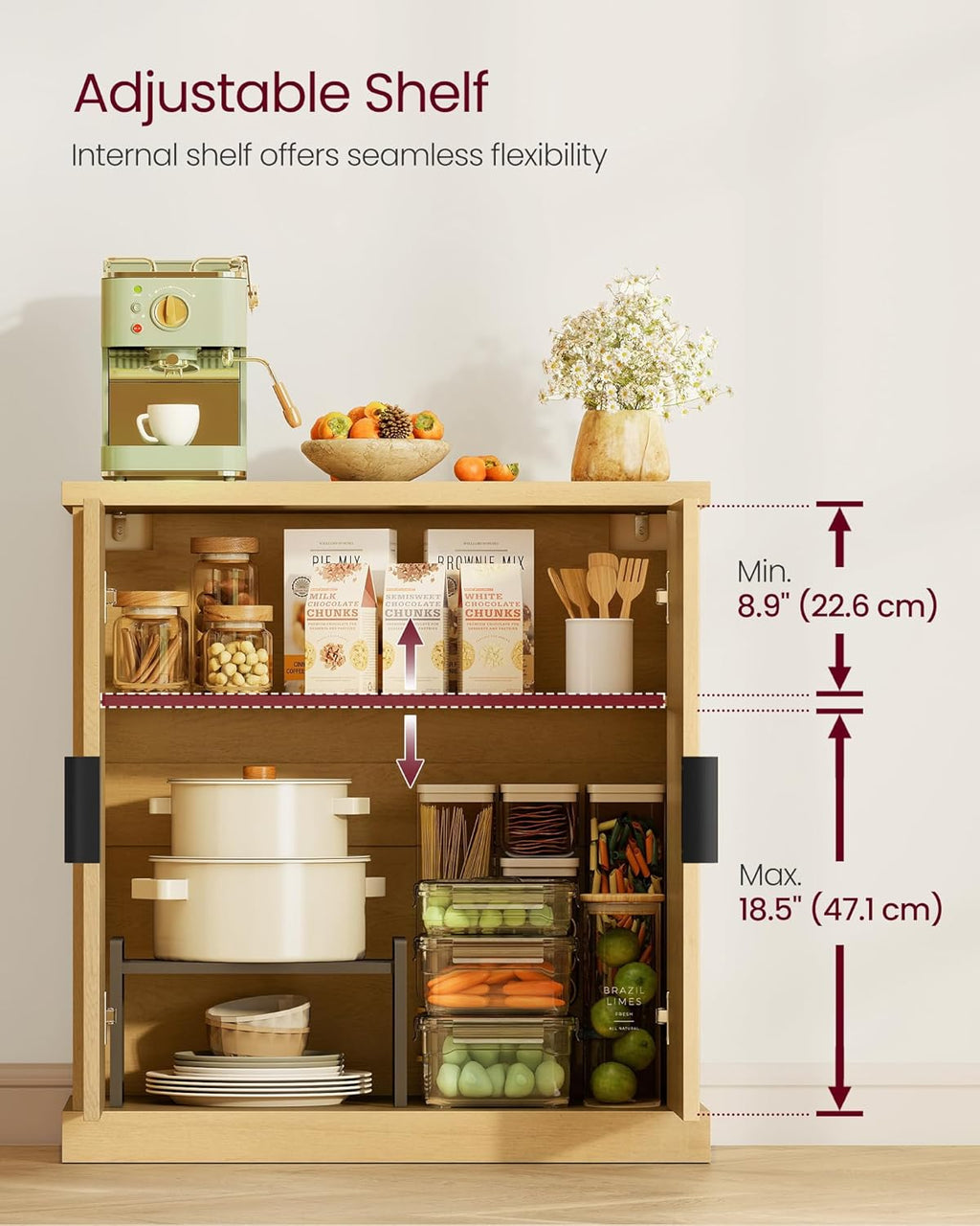 VASAGLE MAXE Collection - Buffet Cabinet, Fluted Console Cabinet, Sideboard with Adjustable Shelf, Mid Century Modern Buffet Table, 15.8 x 29.9 x 31.5 Inches, Oak Beige UBBK344Y01