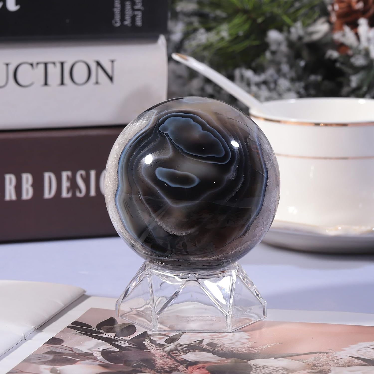 Sportmusies Natural Stripes Black Agate Stone Sphere with Acrylic Stand, Polished Crystal Ball Decoration for Home & Office, 2.36-2.76 inches