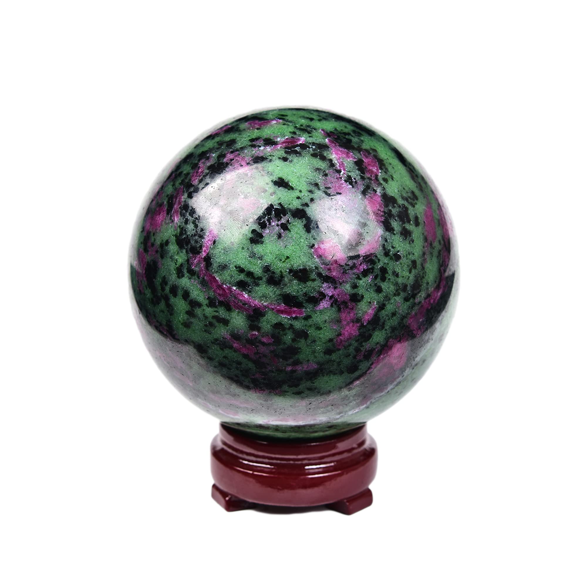 JIC Gem Natural Amazonite Crystal Sphere with Wood Stand Gemstone Sphere,Polished Healing Energy Mineral Gemstone Balls for Reiki Chakra Decoration Fengshui (60-70mm)