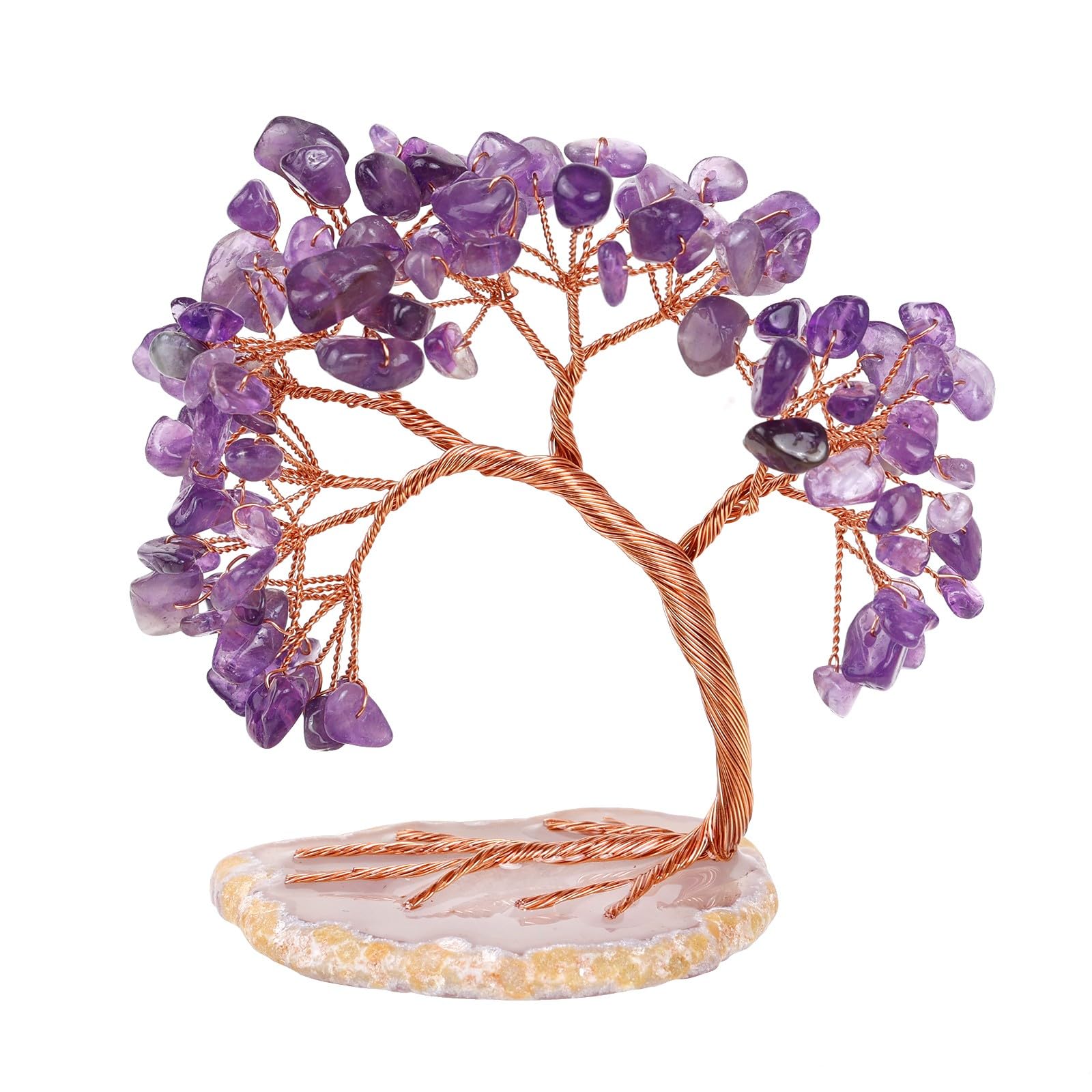Handmade Fluorite Crystal Tree on Agate Slice Base, Feng Shui Stone Money Tree Bonsai for Home Office Decoration, 4.5"-5.2"
