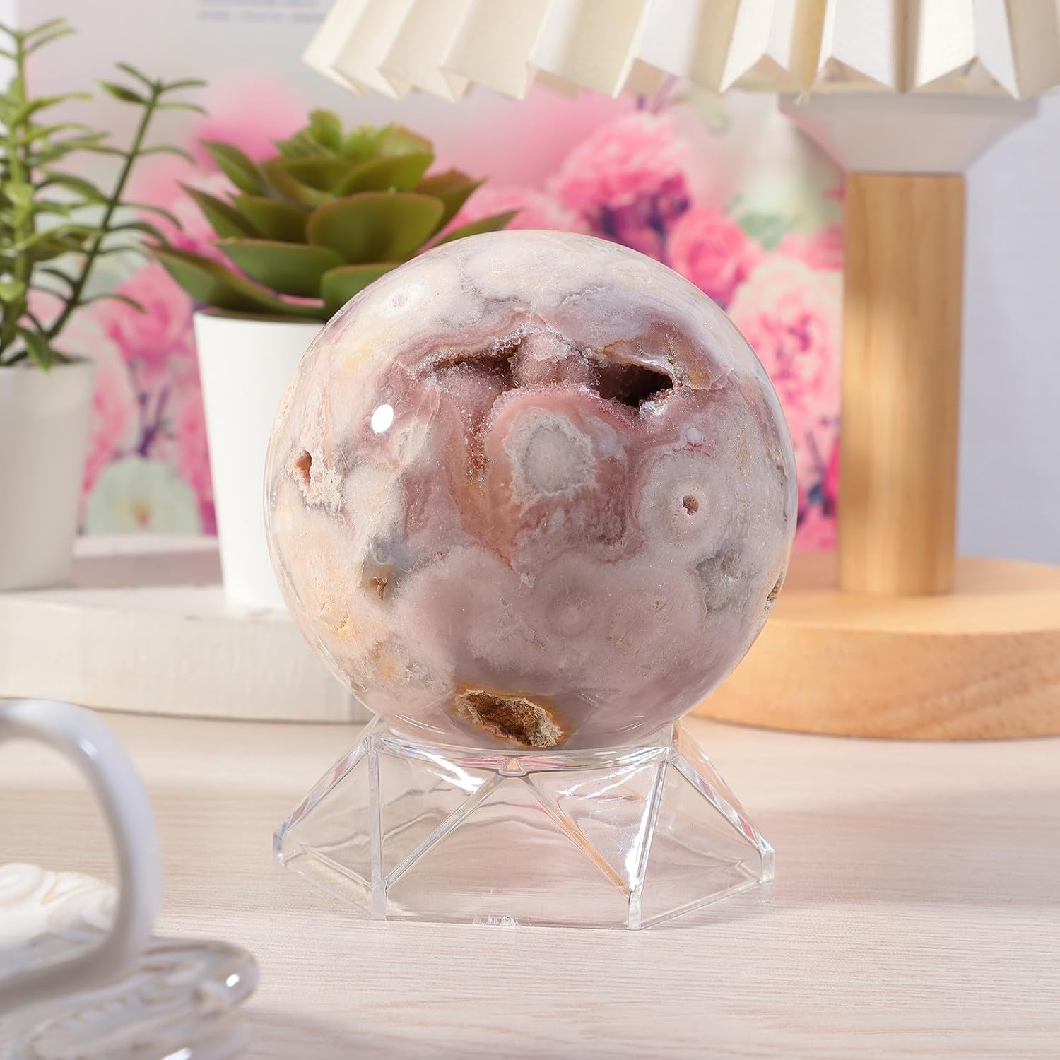 Sportmusies Natural Cherry Blossom Agate Stone Sphere with Acrylic Stand, Polished Crystal Ball Decoration for Home & Office, 2.76-3.15 inches