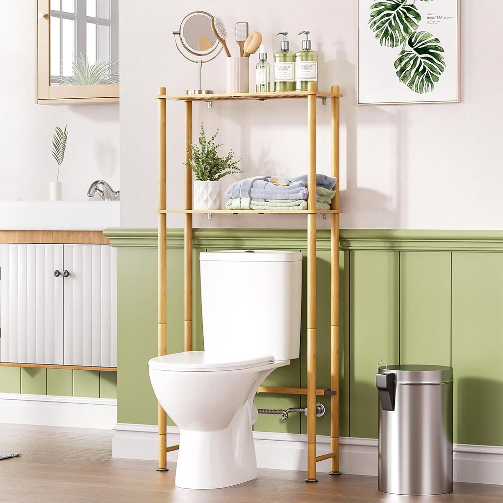 AmazerBath Bamboo Over The Toilet Storage Shelf, 2-Tier Over Toilet Organizer Rack, Freestanding Above Toilet Shelf for Bathroom, Laundry, Space Saver, Natural Color
