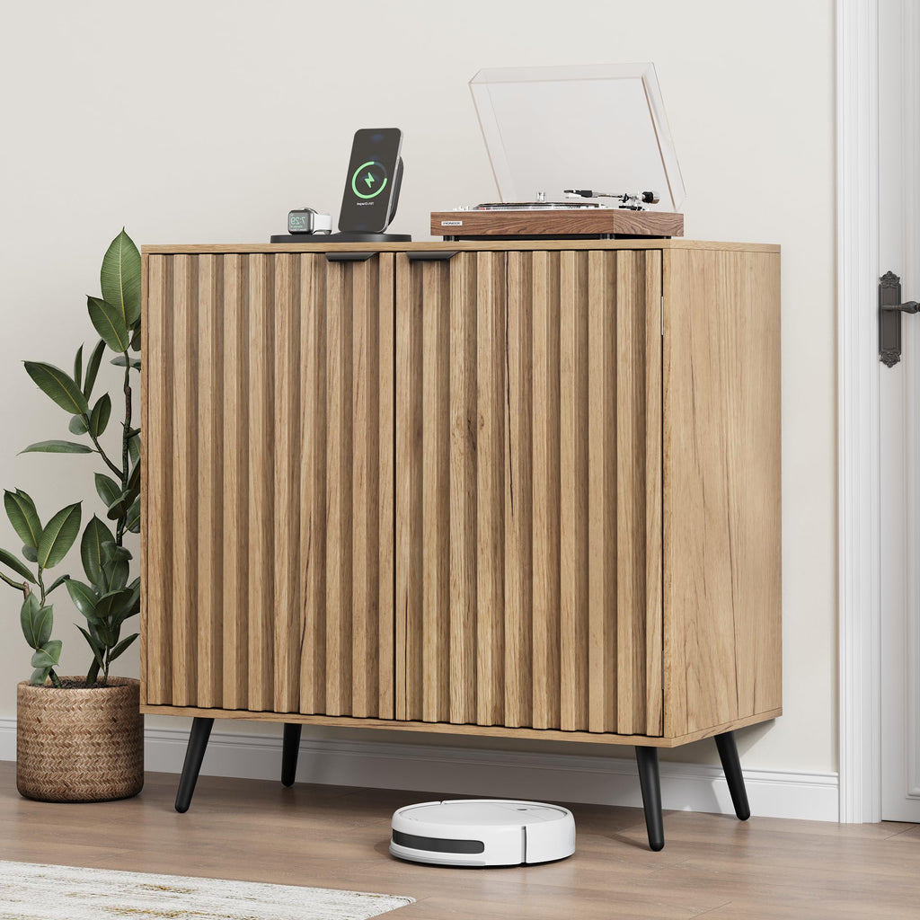 Smuxee Fluted Sideboard Cabinet, Freestanding Walnut Buffet Cabinet with Adjustable Shelf, Wood Storage Cabinet for Living Room, Entryway, Hallway