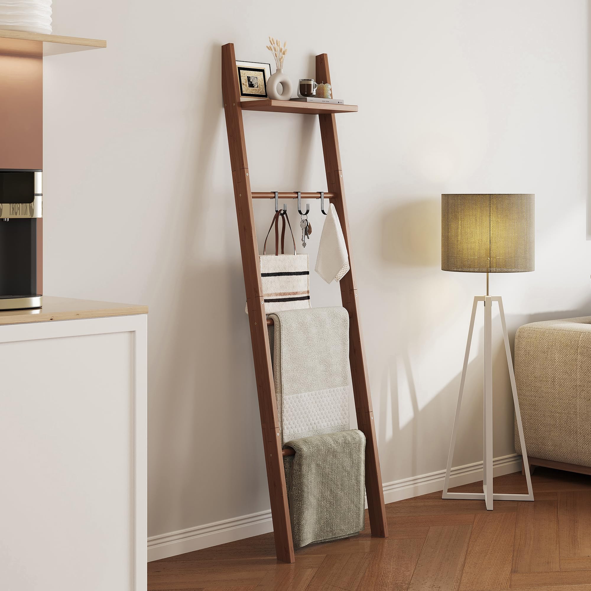 Farmhouse Leaning Bamboo Quilt Rack with Storage Shelf for Bathroom Bedroom