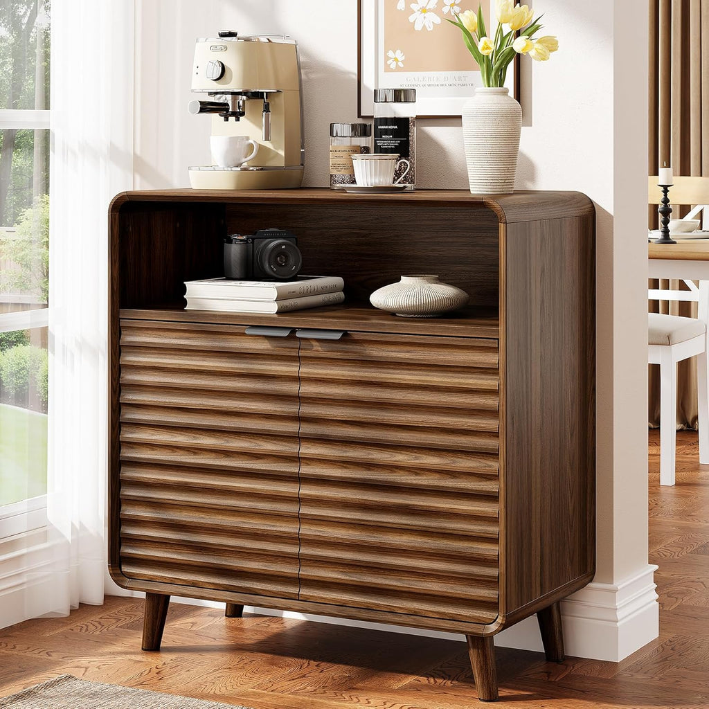 31.5" Sideboard Buffet Cabinet with Storage, Curved Sideboard with 2 Wave Doors and Angled Side Frame, Small Storage Cabinet with Adjustable Shelves, Coffee Bar Cabinet for Living Room, Walnut