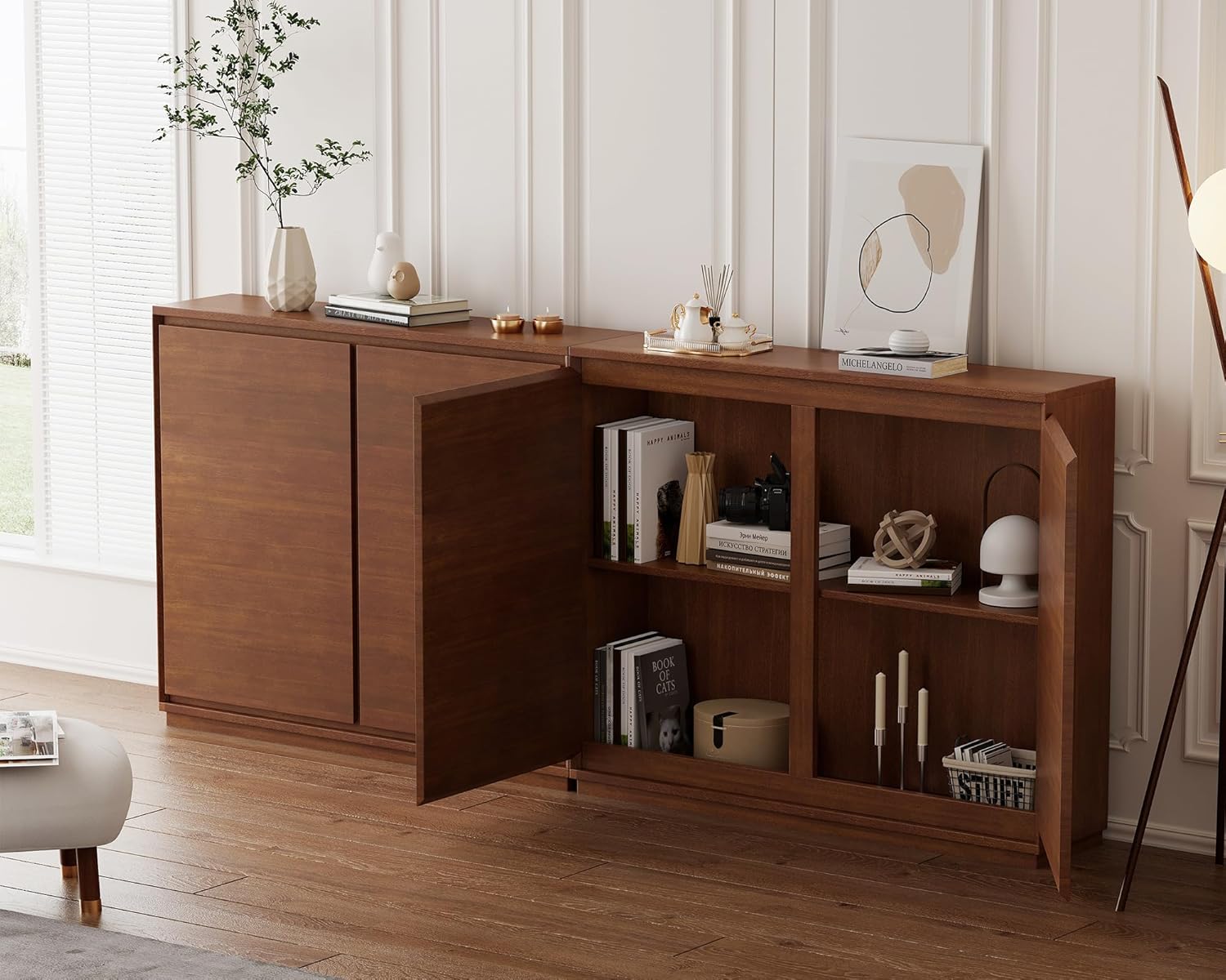 LKTART Mid Century Modern Narrow Sideboard Buffet Cabinet,Small Walnut Entryway Cabinet,Wood Credenza Storage Cabinet with 2 Doors for Living Room,Kitchen,Hallway(9.25" D*39" L)