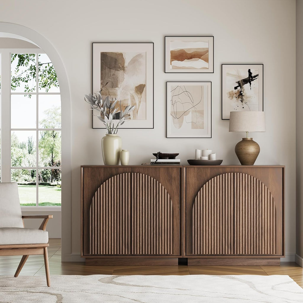 win2win Fluted Sideboard Buffet Cabinet with Storage,31.5" Mid Century Modern Accent Cabinet with Double-Layered Arch Door,Small Wood Console Credenza for Dining Living Room Hallway,Walnut,1PCS
