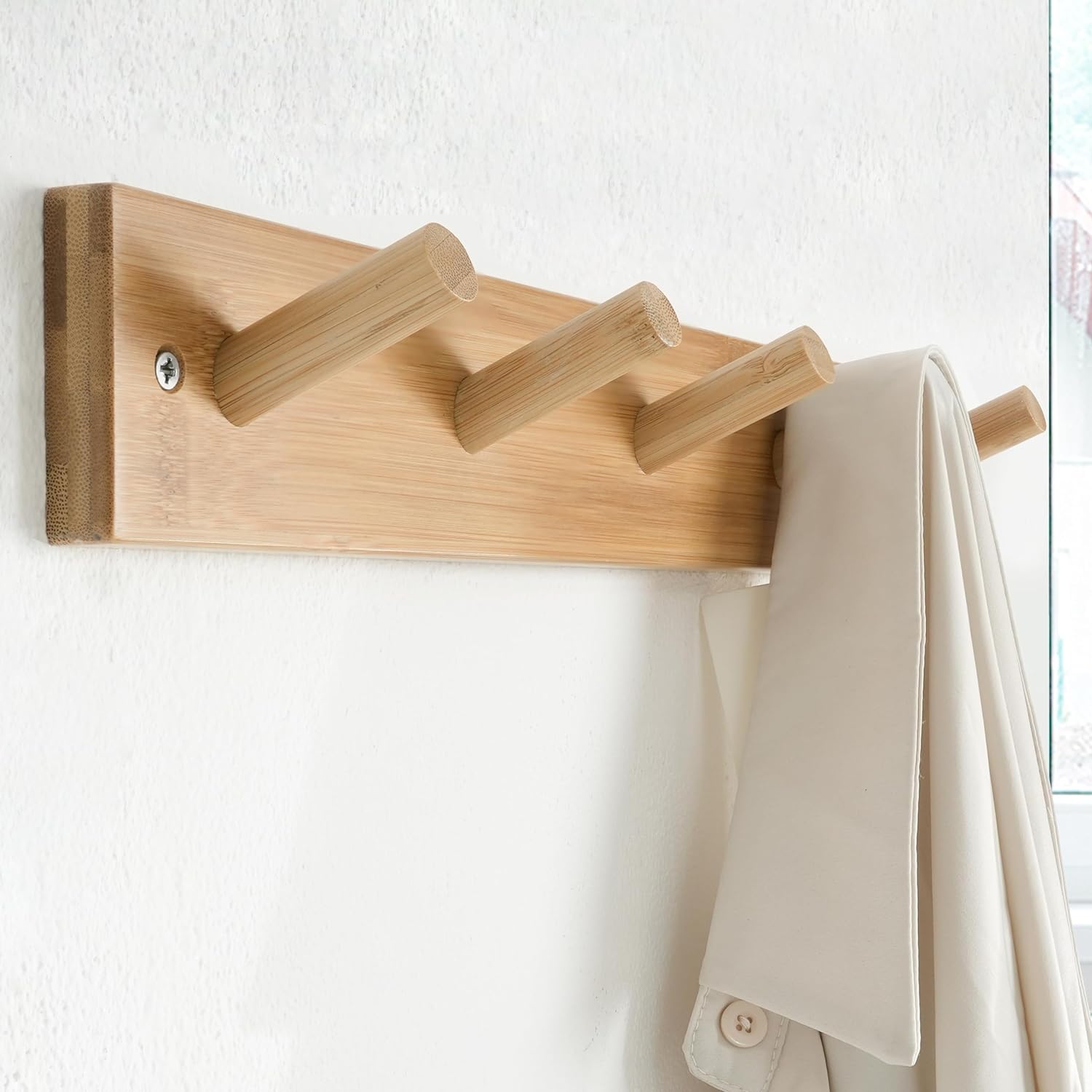 SKOLOO Wooden Wall Mounted Coat Rack,16'' Hole to Hole, 5 Pegs Bamboo Wall Hook for Hanging Clothes Robes Towels Hats,Natural Gold