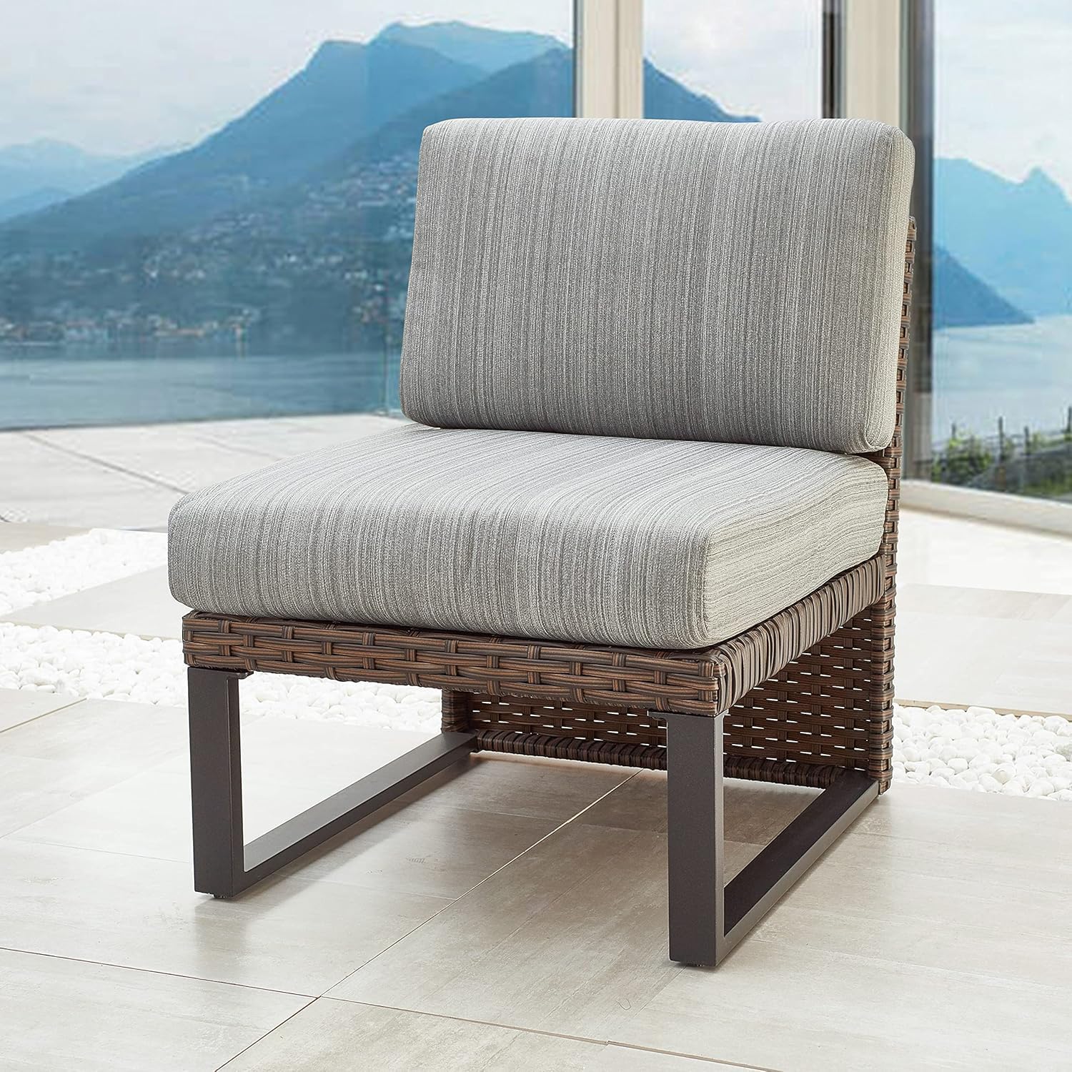 LOKATSE Home Outdoor Wicker Chair Patio Dining Metal Furniture Rattan Armless Sofa with Cushion