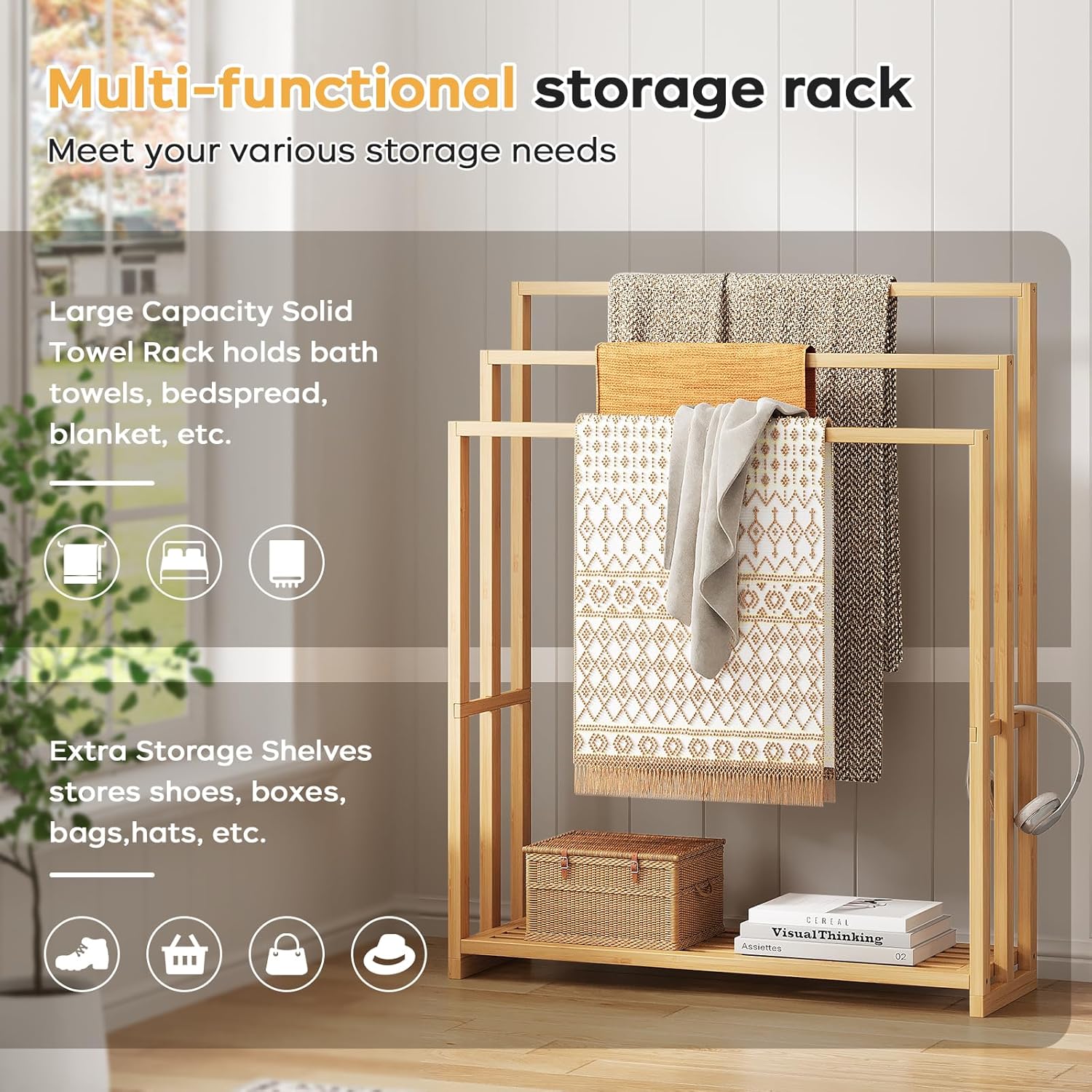 oakvivo Free Standing Towel Rack, 3 Tier Bamboo Blanket Rack for Bathroom, Blanket Drying and Display Racks with Shelf, Blanket Holder for Oversized Bath Towels (Natural)