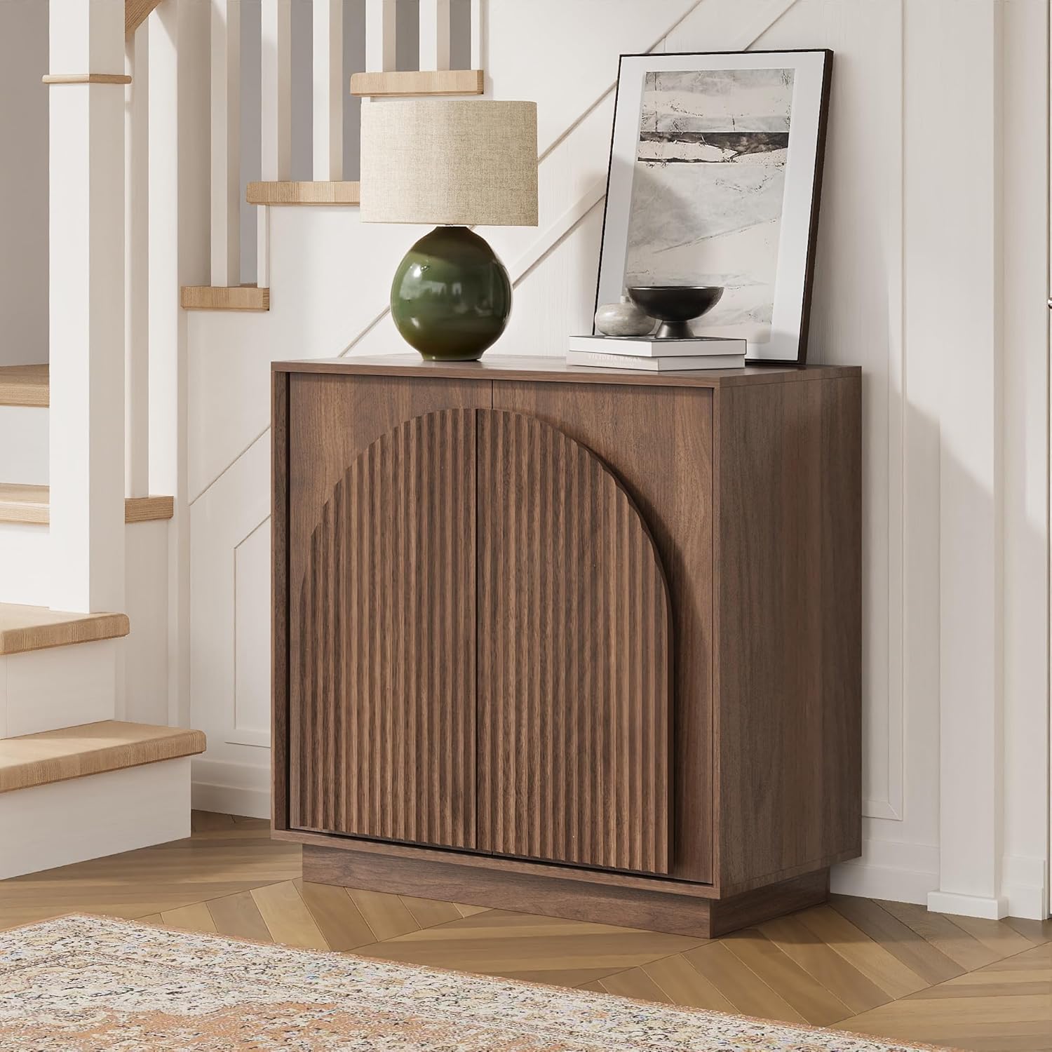 win2win Fluted Sideboard Buffet Cabinet with Storage,31.5" Mid Century Modern Accent Cabinet with Double-Layered Arch Door,Small Wood Console Credenza for Dining Living Room Hallway,Walnut,1PCS