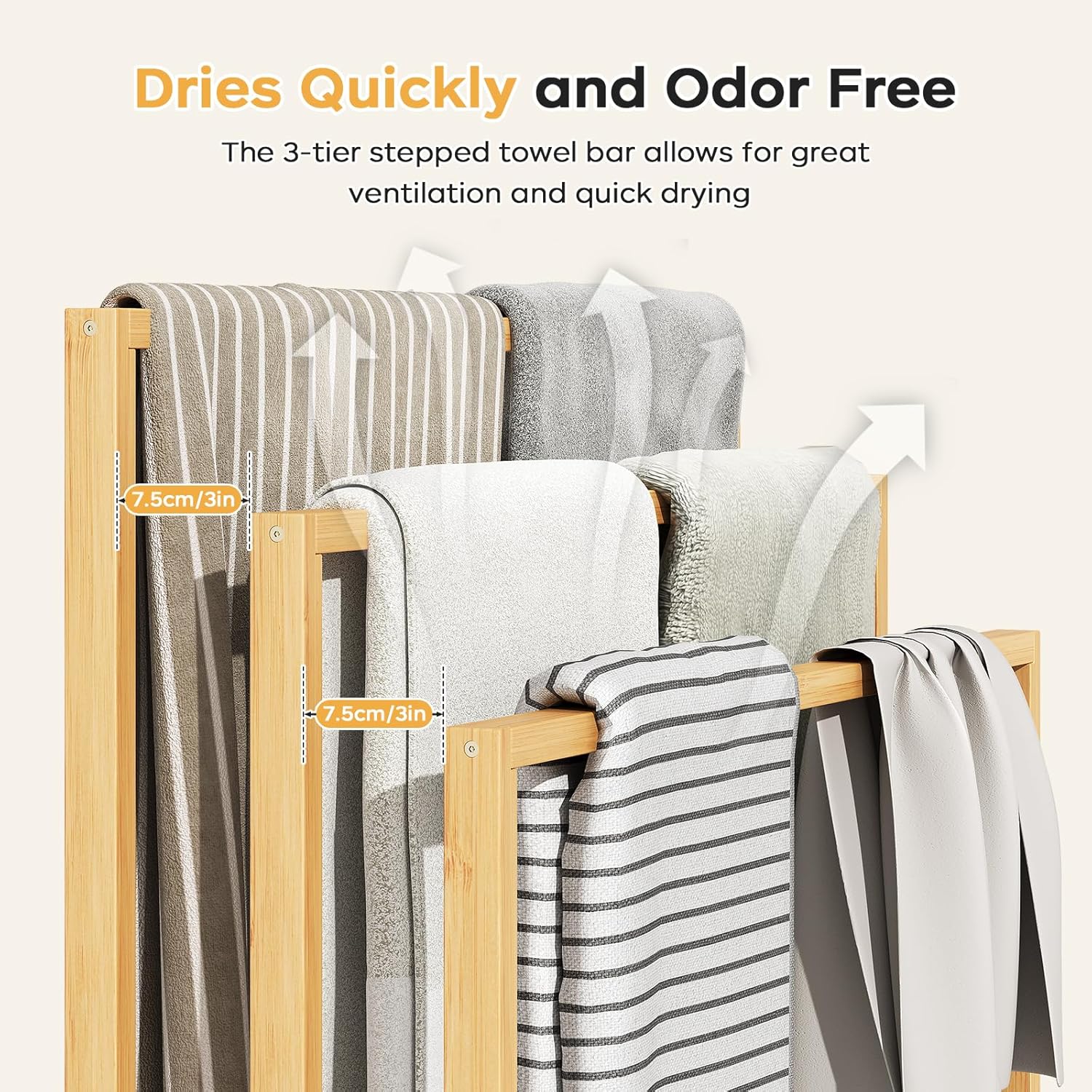 oakvivo Free Standing Towel Rack, 3 Tier Bamboo Blanket Rack for Bathroom, Blanket Drying and Display Racks with Shelf, Blanket Holder for Oversized Bath Towels (Natural)