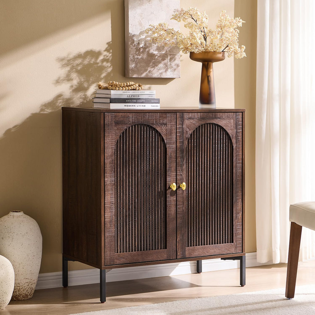 IFBUY Modern Sideboard Buffet Cabinet, 34" Tall Fluted Arched Buffet Cabinet with Storage and Adjustable Shelves, Wooden Modular Coffee Bar Cabinets for Kitchen, Entryway, Natural