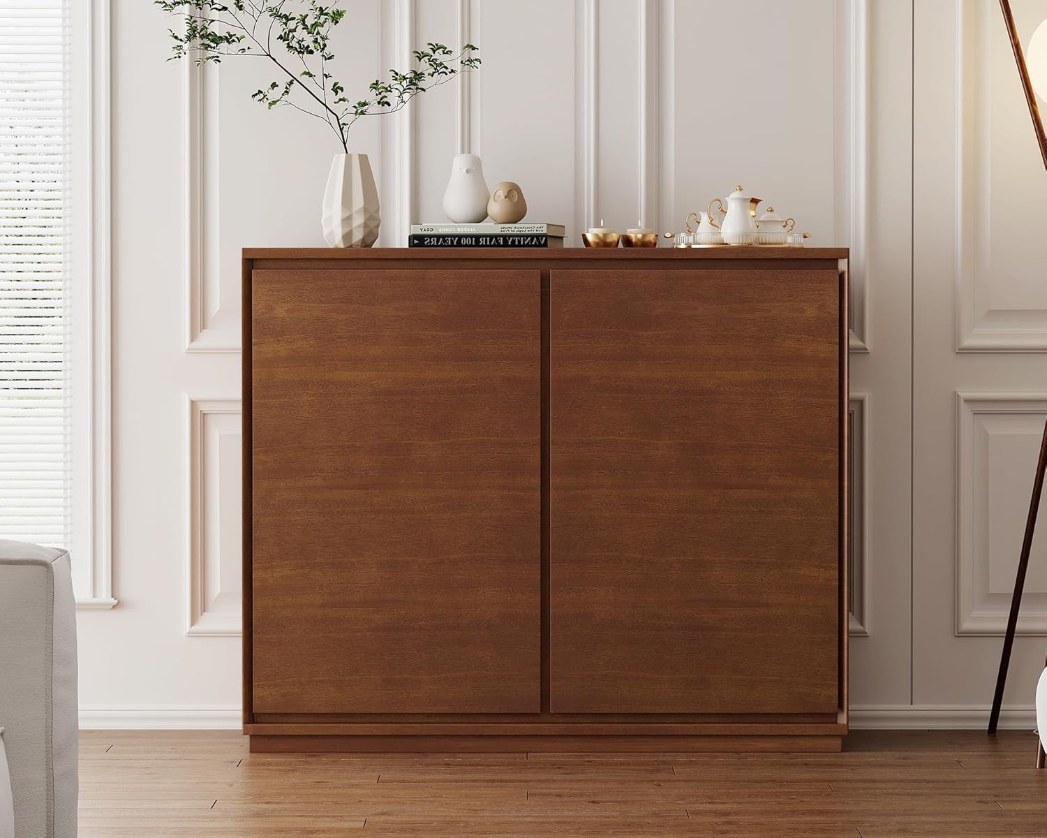 LKTART Mid Century Modern Narrow Sideboard Buffet Cabinet,Small Walnut Entryway Cabinet,Wood Credenza Storage Cabinet with 2 Doors for Living Room,Kitchen,Hallway(9.25" D*39" L)