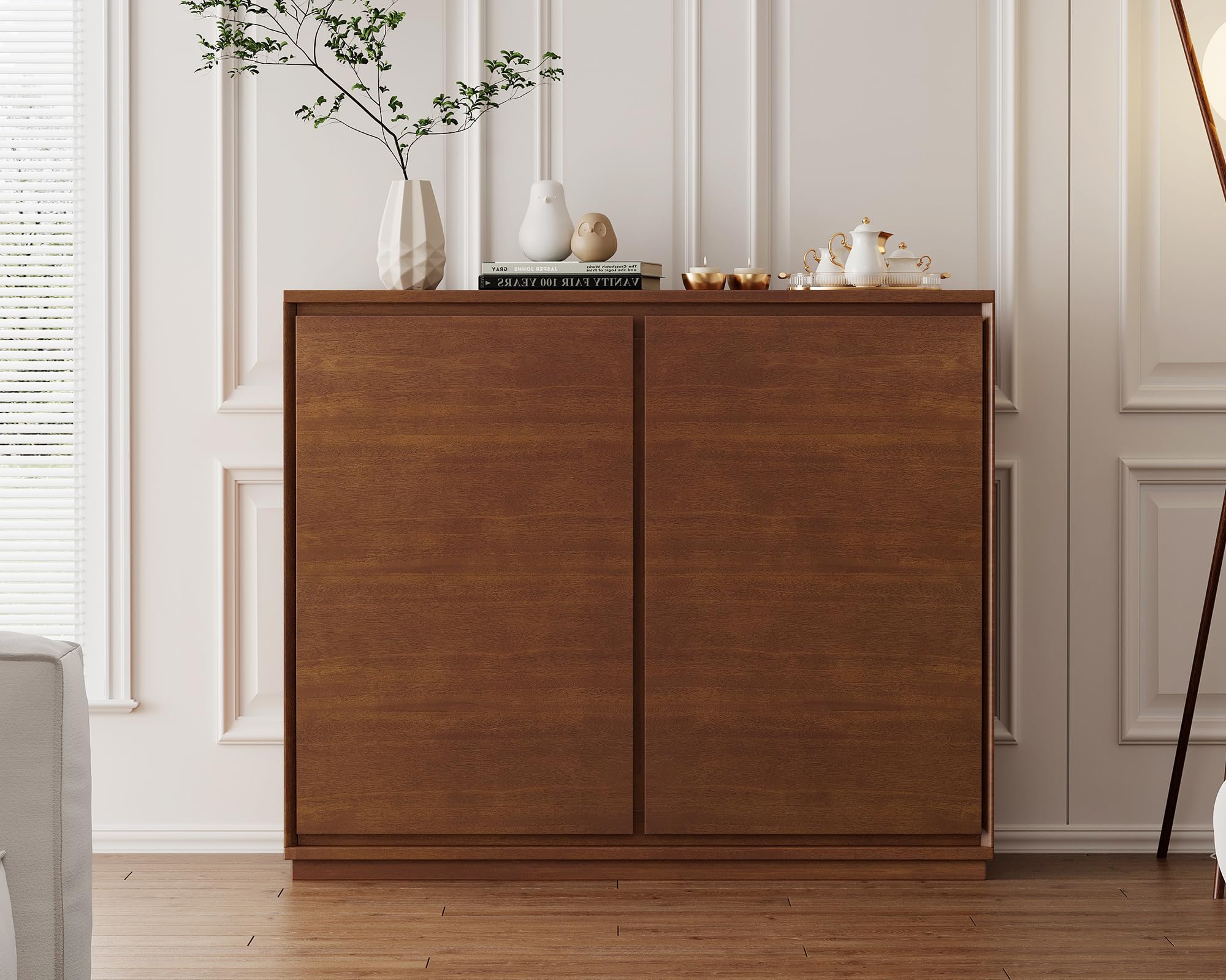 LKTART Mid Century Modern Narrow Sideboard Buffet Cabinet,Small Walnut Entryway Cabinet,Wood Credenza Storage Cabinet with 2 Doors for Living Room,Kitchen,Hallway(9.25" D*39" L)