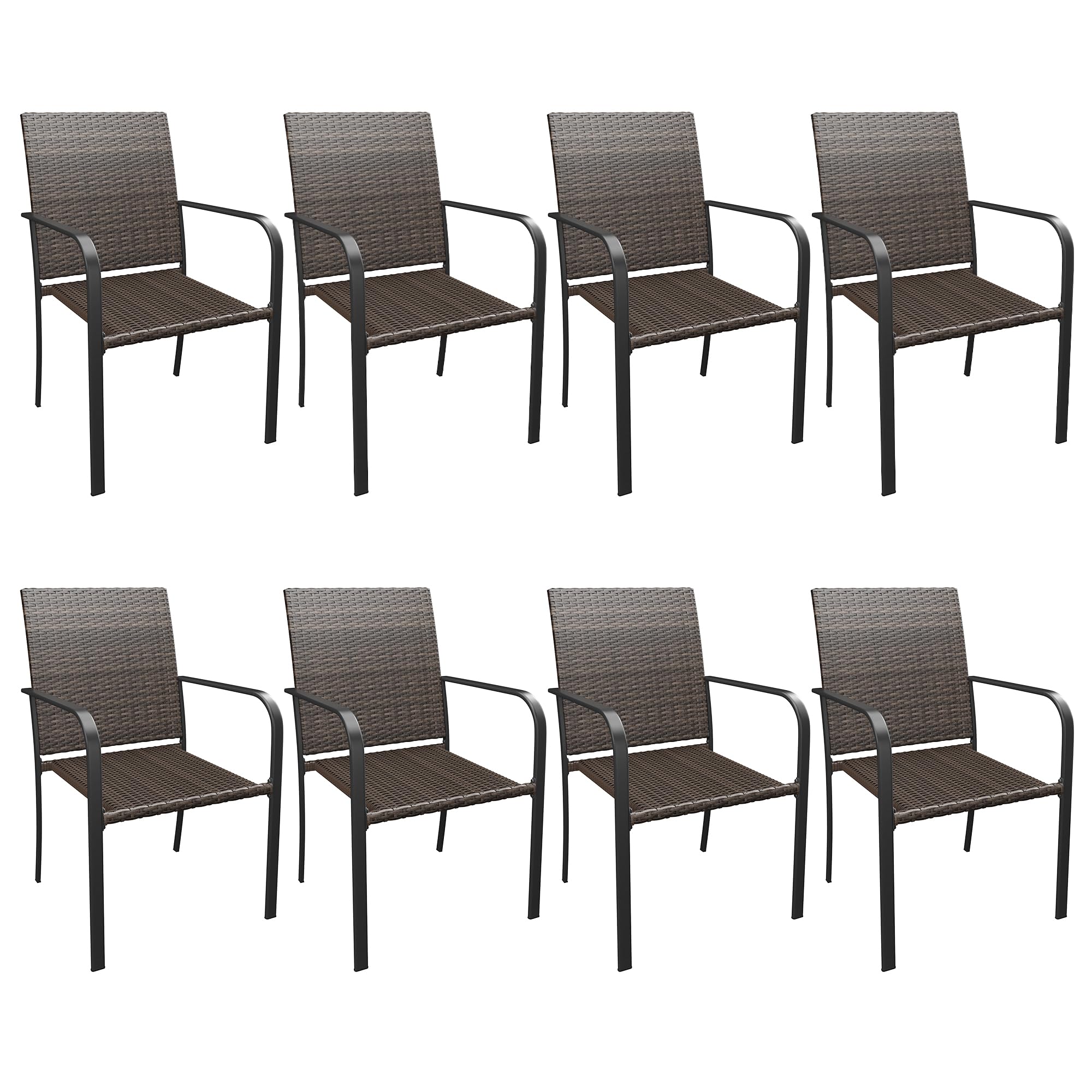 Patio Dining Chair Set of 2, Stackable Outdoor Wicker Chairs with Curved Armrest for Front Porch, Garden, Backyard, Walnut