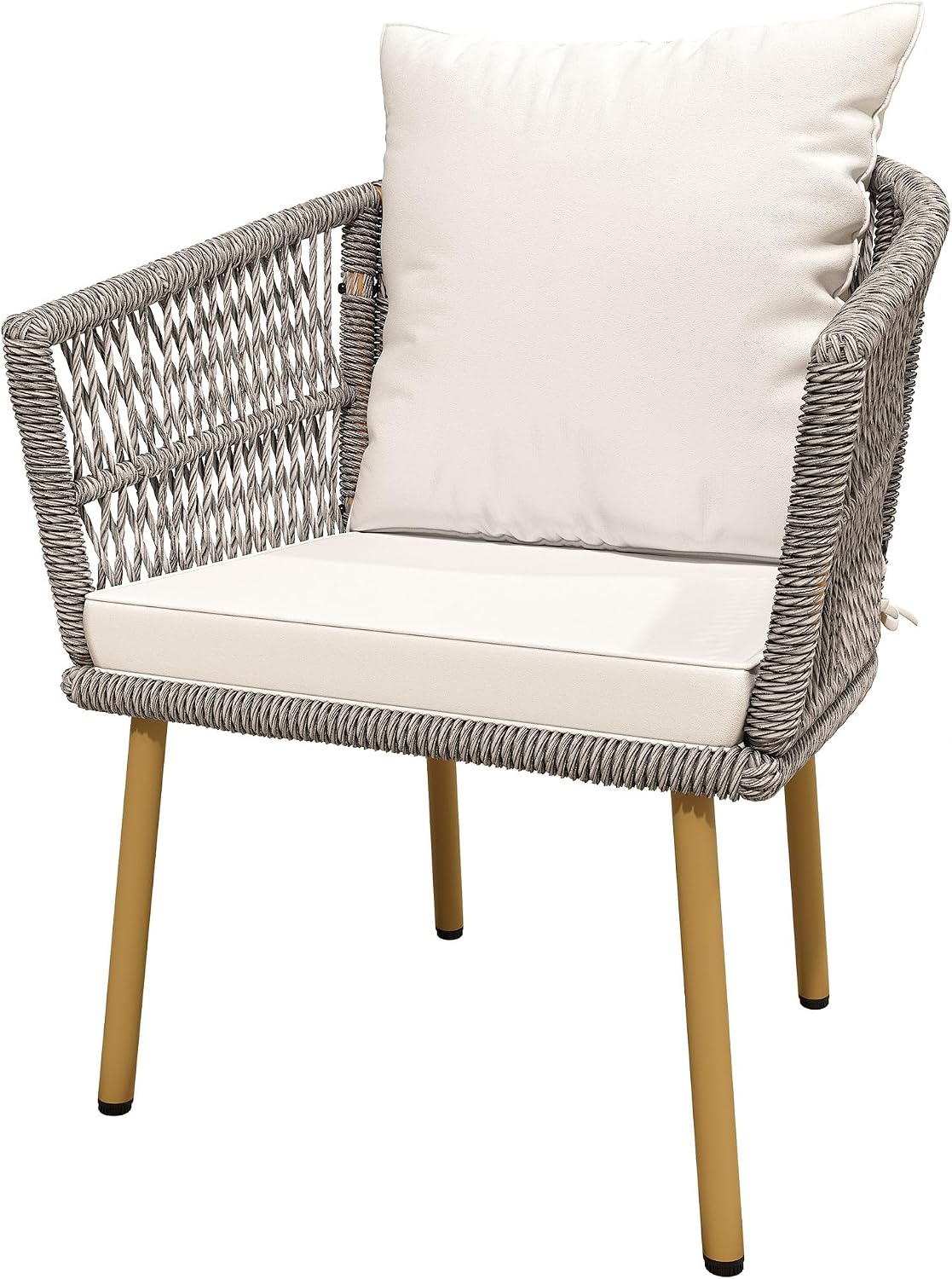 DWVO Wicker Sofa Chair, Single Bistro Armchair with Weatherproof Cushions, Outdoor Dining Chair for Outdoor, Indoor, Beige