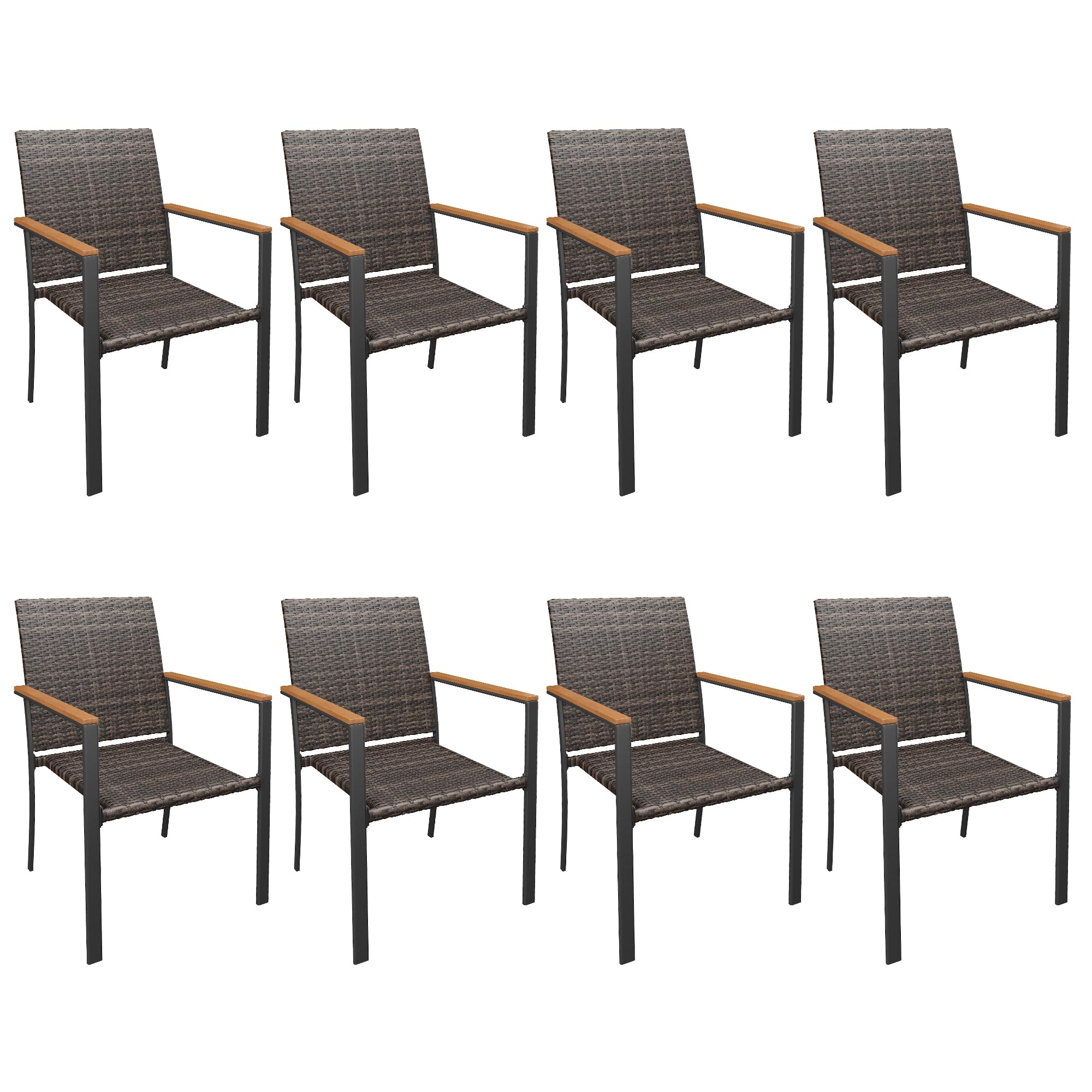 Patio Dining Chair Set of 2, Stackable Outdoor Wicker Chairs with Curved Armrest for Front Porch, Garden, Backyard, Walnut