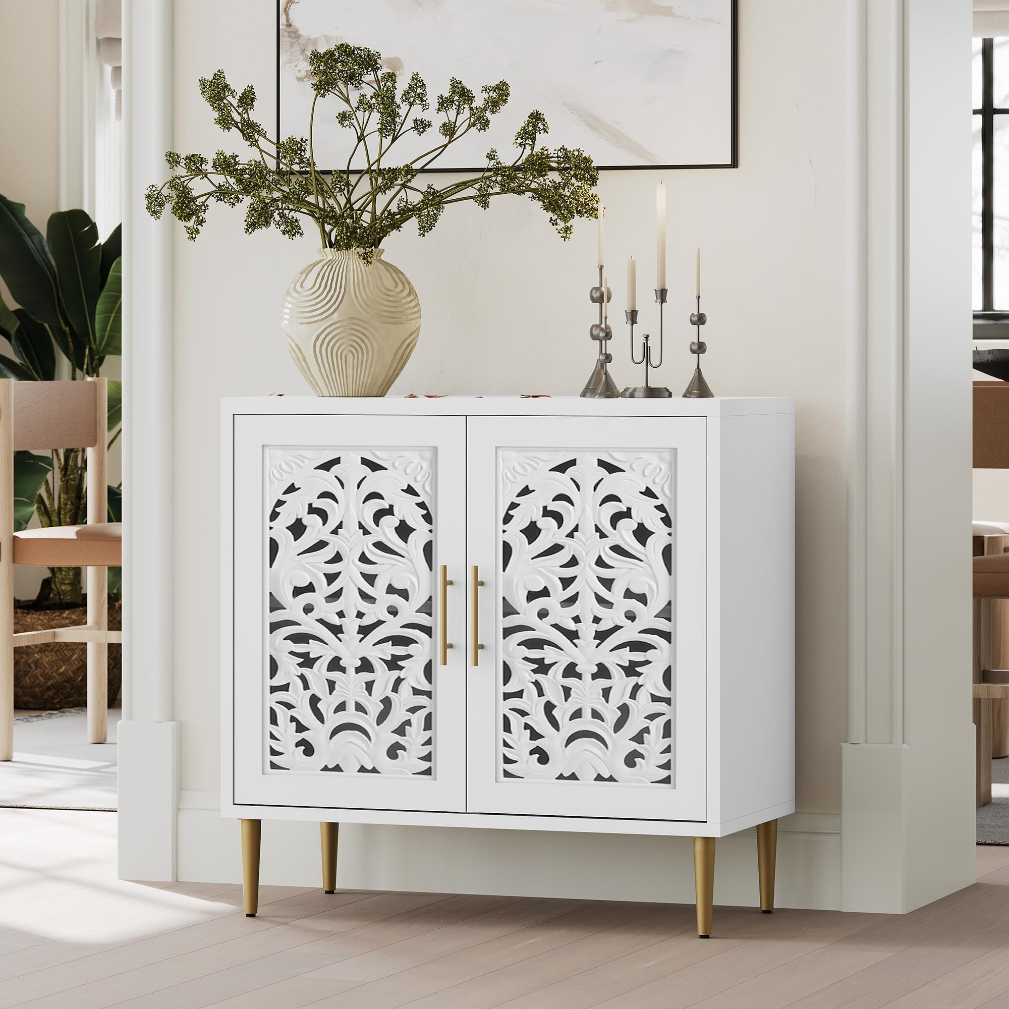 ARTPOWER Accent Cabinet with 2 Doors, Vintage Hollow Carving Buffet Cabinet, Sideboards and Buffets with Storage, Credenza for Living Room, Kitchen, Dining Room, Entryway, Hallway, Walnut