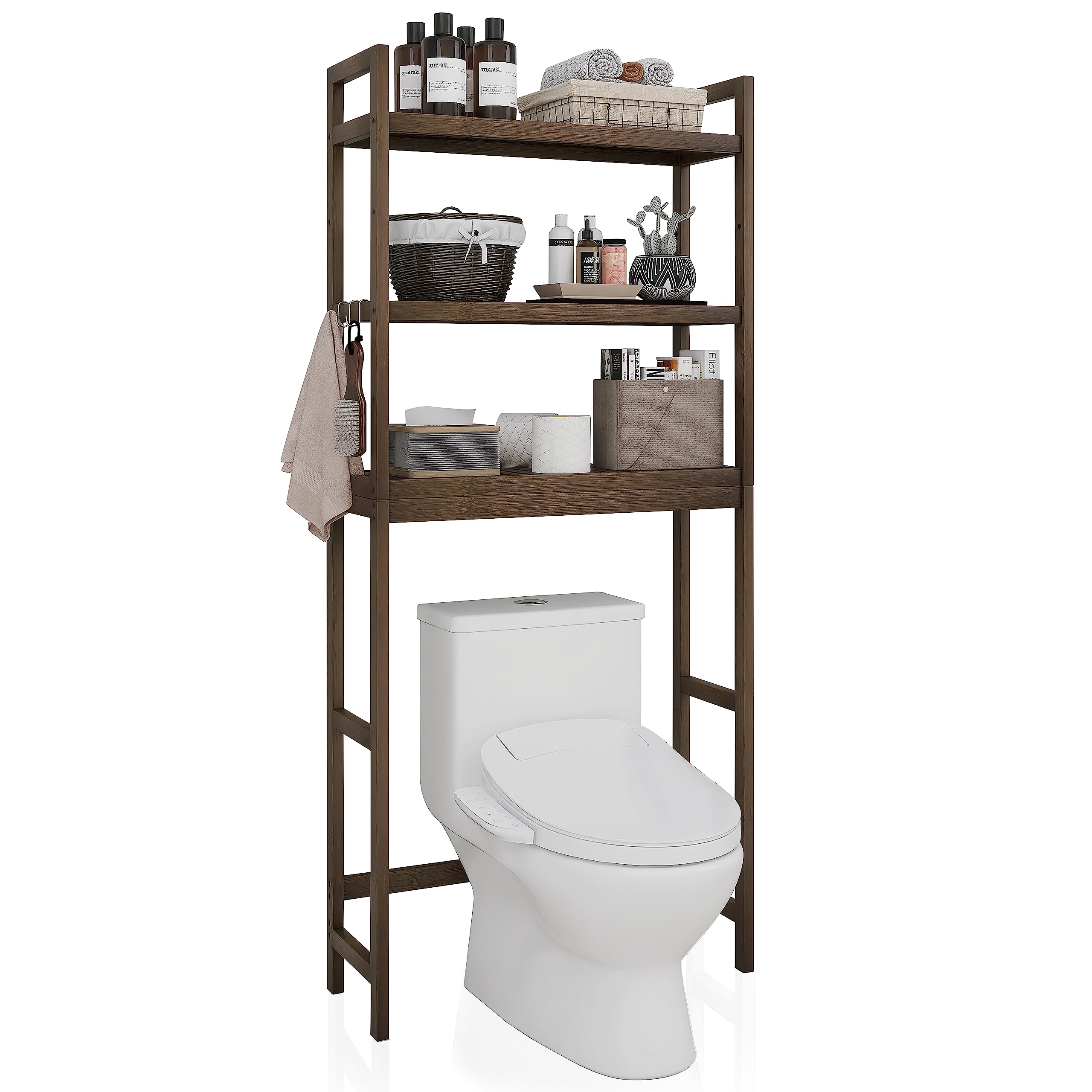 SMIBUY Bathroom Storage Shelf, Bamboo Over-The-Toilet Organizer Rack, Freestanding Toilet Space Saver with 3-Tier Adjustable Shelves (Natural)