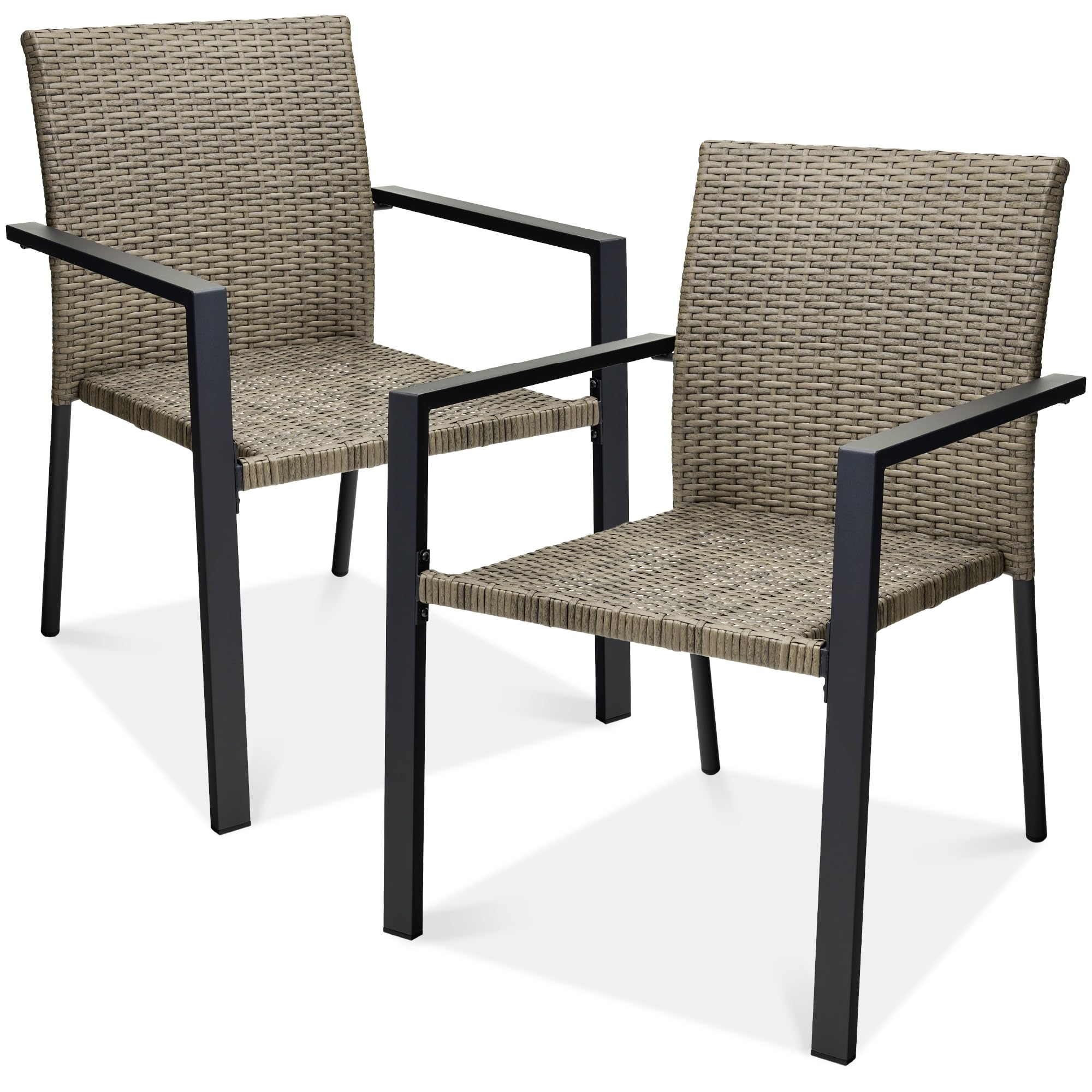 Best Choice Products Set of 2 Stackable Outdoor Wicker Dining Chairs All-Weather Firepit Armchair w/Armrests, Steel Frame for Patio, Deck, Garden, Yard - Brown