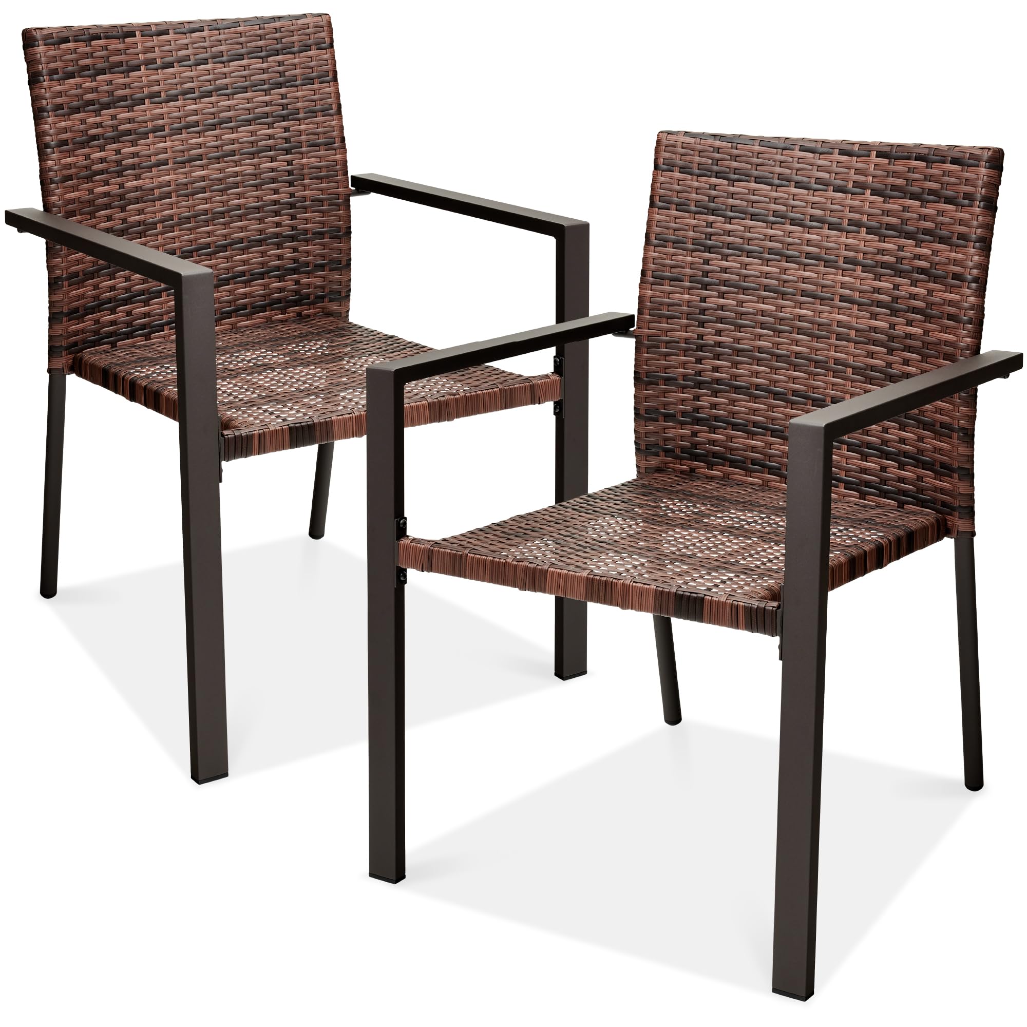 Best Choice Products Set of 2 Stackable Outdoor Wicker Dining Chairs All-Weather Firepit Armchair w/Armrests, Steel Frame for Patio, Deck, Garden, Yard - Brown
