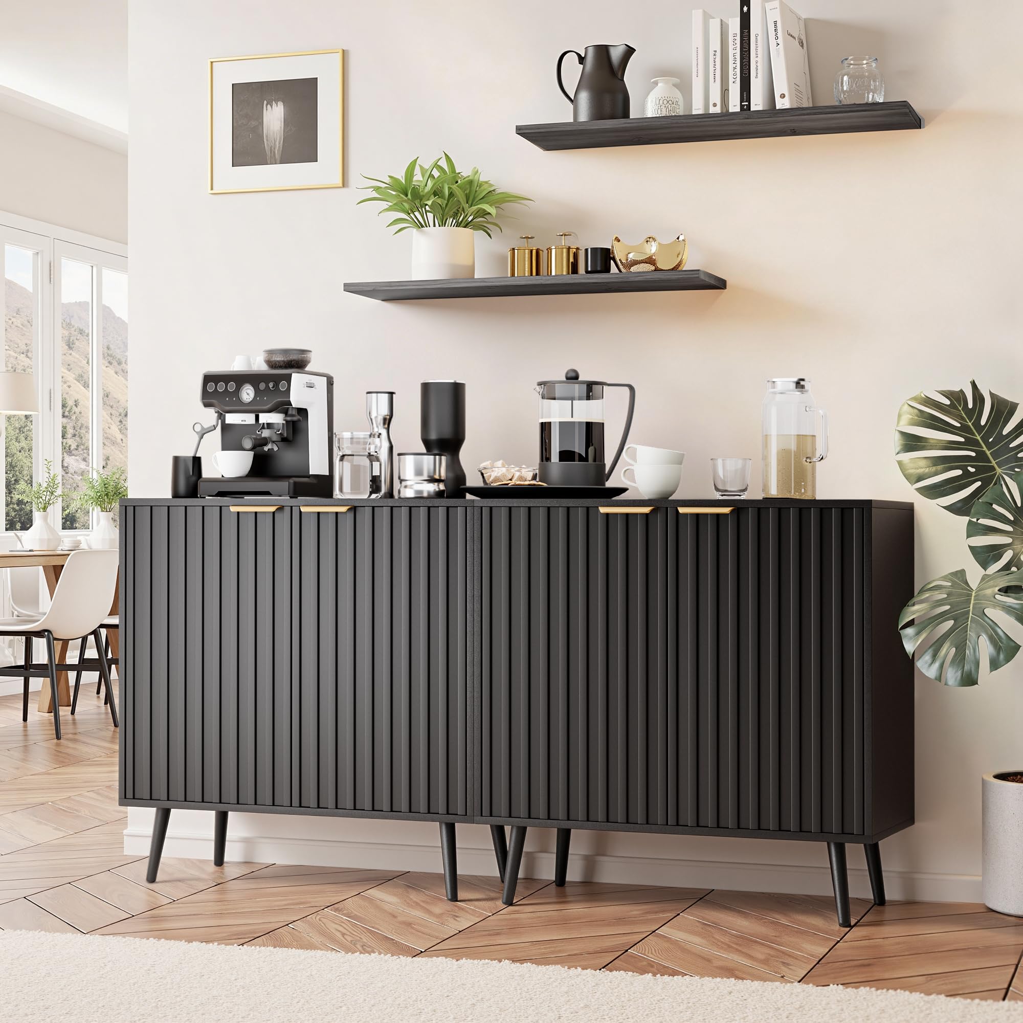 Vrullu Fluted Storage Cabinet, Freestanding Buffet Cabinet with Adjustable Shelf, Wood Sideboard, Multifunctional Accent Storage for Living Room, Hallway, Entryway, Dining Room (1, Oak)