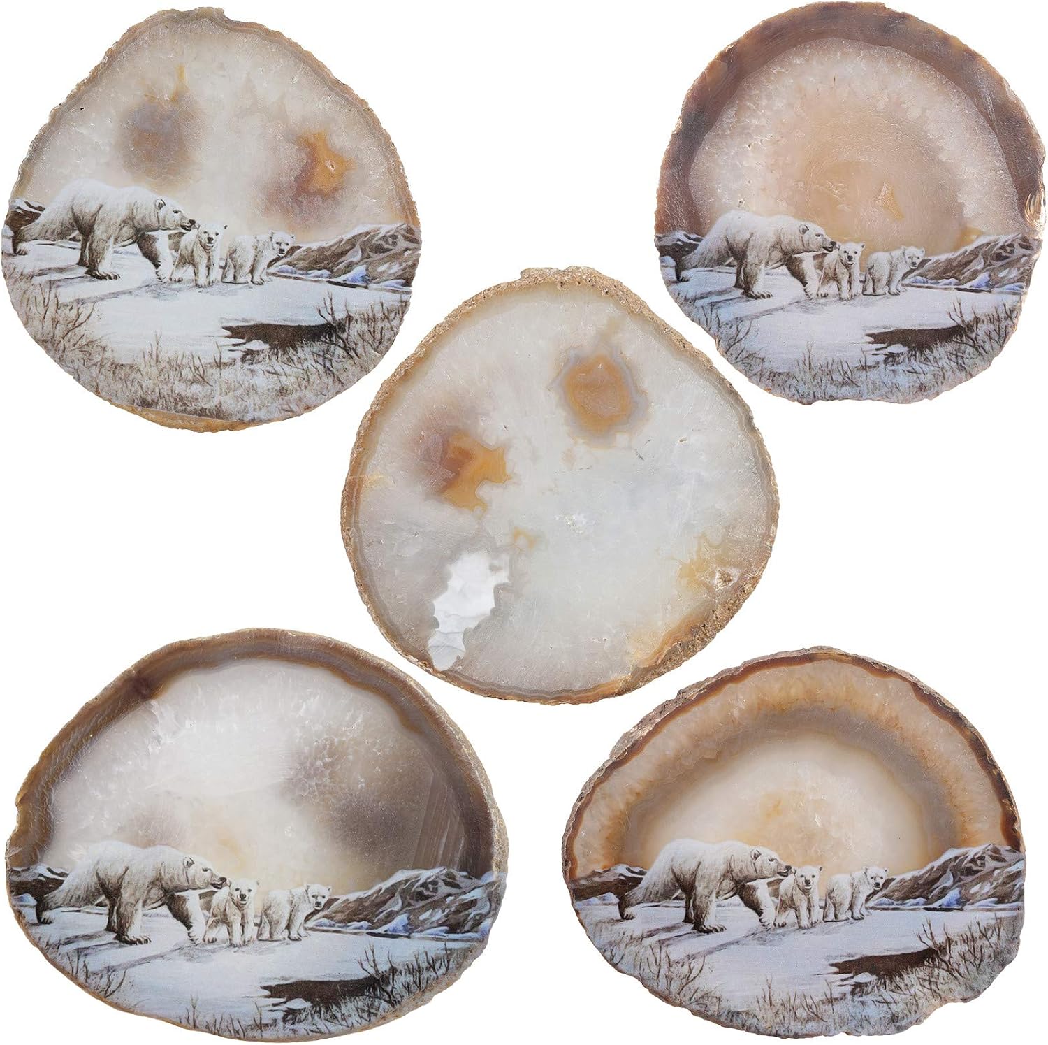 Rockcloud Polar Bears Agate Slab Display with Wooden Stand Irregular Shape Aagte Slice Stone Home Office Desk Ornament