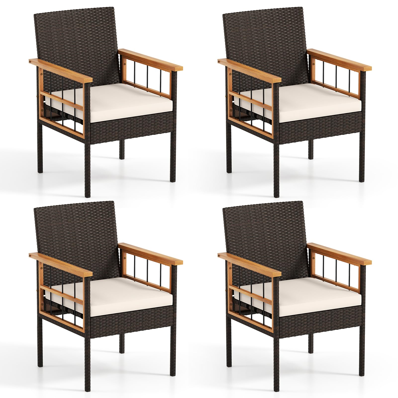 Tangkula Wicker Patio Dining Chair Set of 2, PE Rattan Outdoor Dinner Chairs with Removable Cushion, Acacia Wood Armrests & Legs, Outside Chairs for Backyard, Poolside, Porch, Yard, Balcony