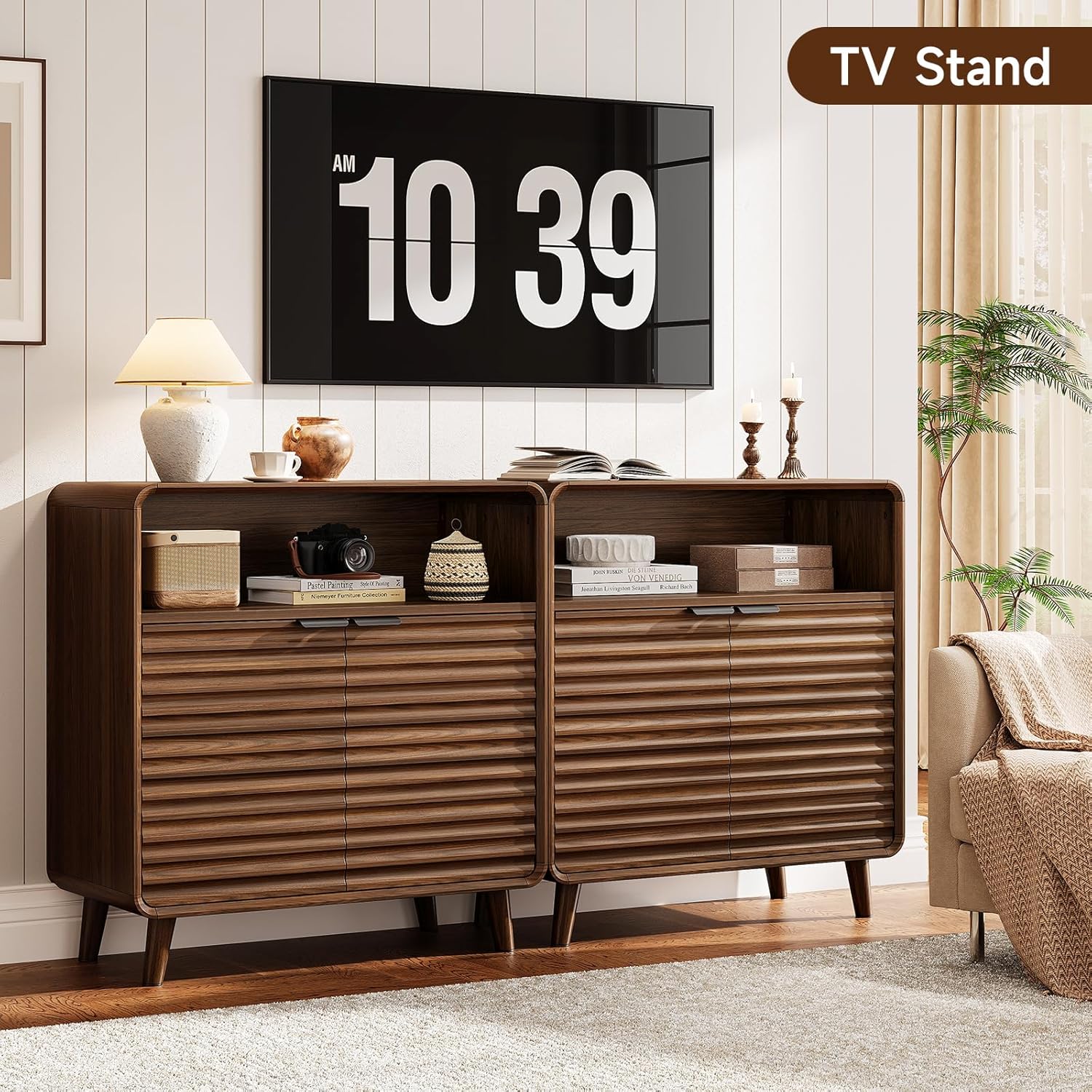 31.5" Sideboard Buffet Cabinet with Storage, Curved Sideboard with 2 Wave Doors and Angled Side Frame, Small Storage Cabinet with Adjustable Shelves, Coffee Bar Cabinet for Living Room, Walnut