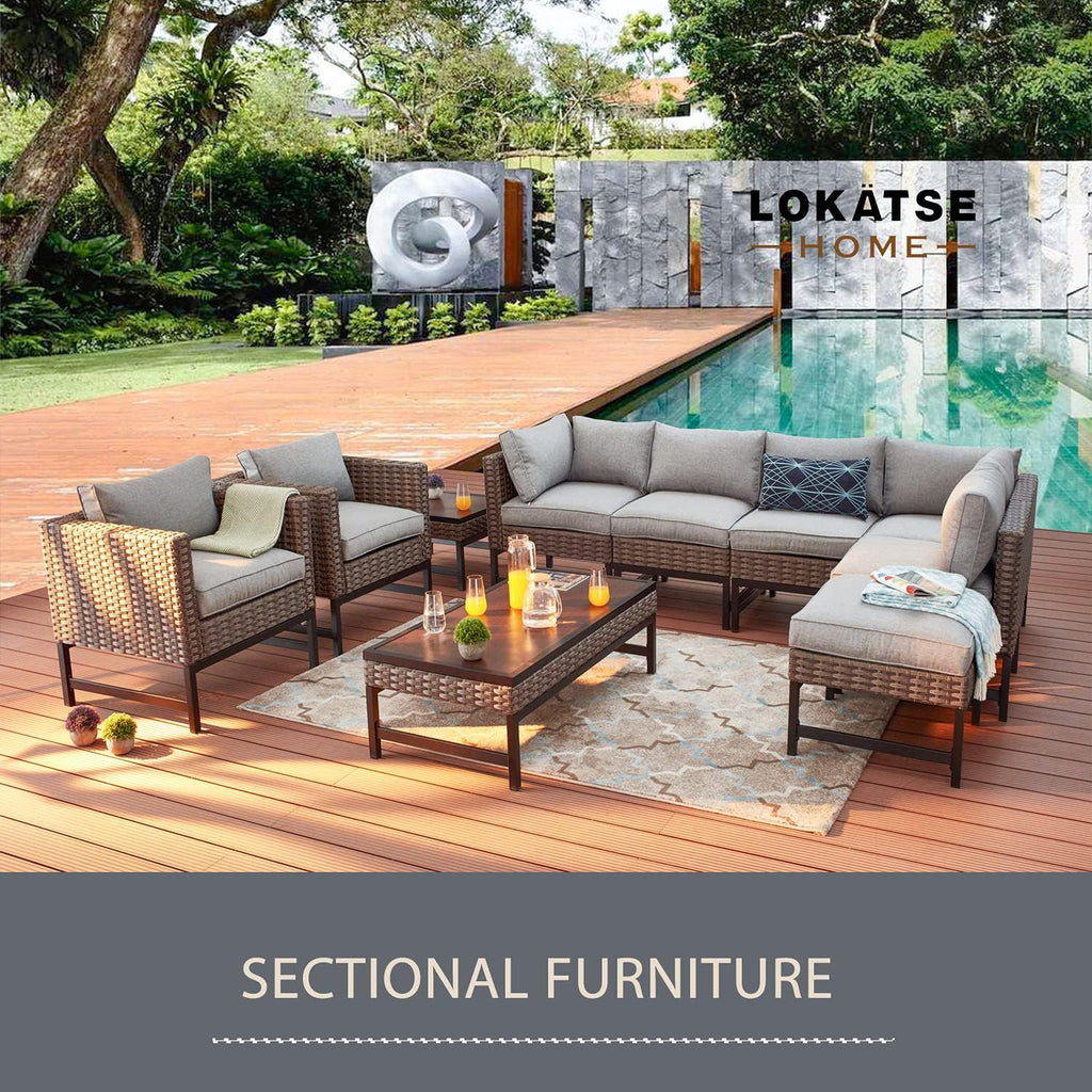 LOKATSE Home Outdoor Patio Armchair Wicker Furniture Rattan Conversation Single Sofa Chair with Grey Cushion