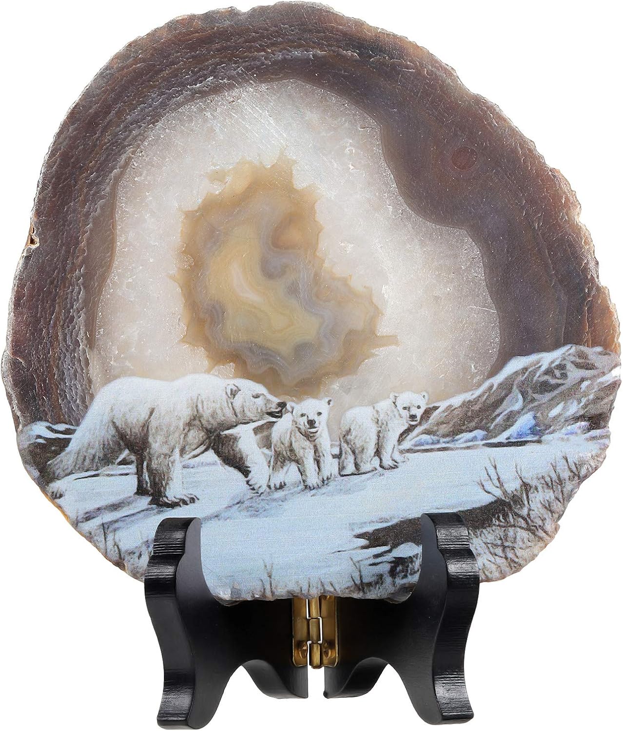 Rockcloud Polar Bears Agate Slab Display with Wooden Stand Irregular Shape Aagte Slice Stone Home Office Desk Ornament