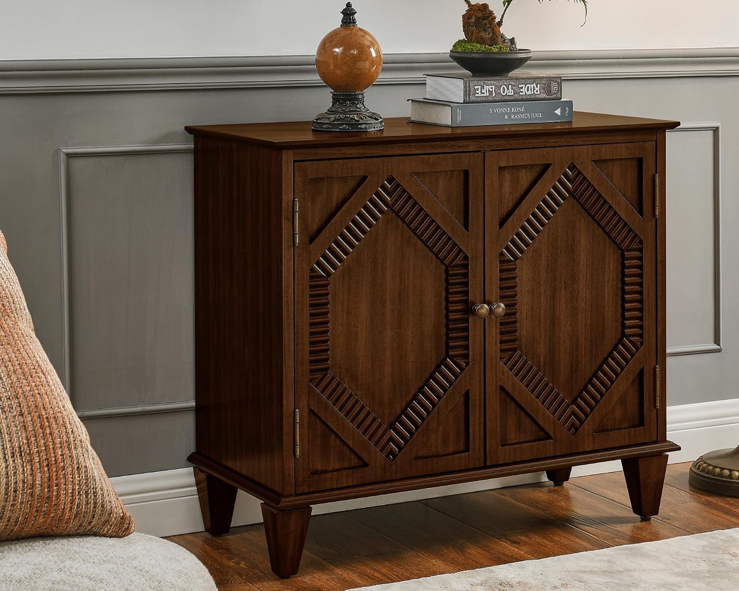LKTART 33.5" Mid Century Sideboard Buffet Cabinet with Solid Wood Legs,Accent Storage Cabinet Credenza with 2 Doors for Living Room,Entryway,Kitchen(Walnut)