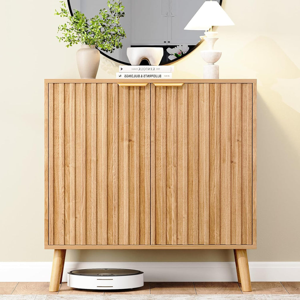 Fluted Storage Cabinet, Buffet Cabinet with Storage, Wood Sideboard with Adjustable Shelf, Modern Accent Cabinet & Console Table for Entryway, Living Room, Dining Room, Natural
