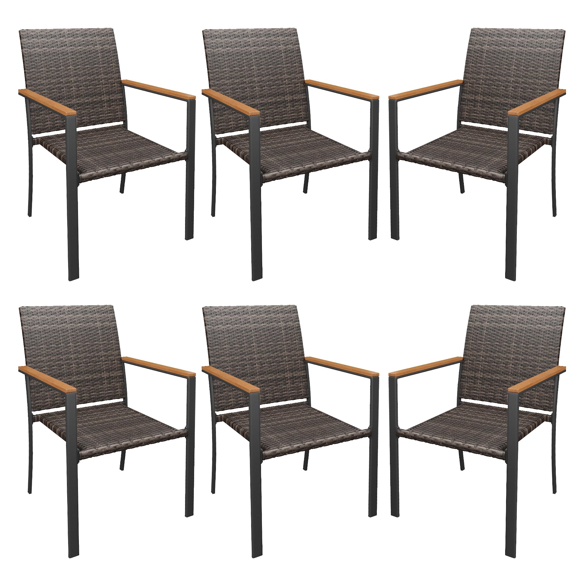 Patio Dining Chair Set of 2, Stackable Outdoor Wicker Chairs with Curved Armrest for Front Porch, Garden, Backyard, Walnut