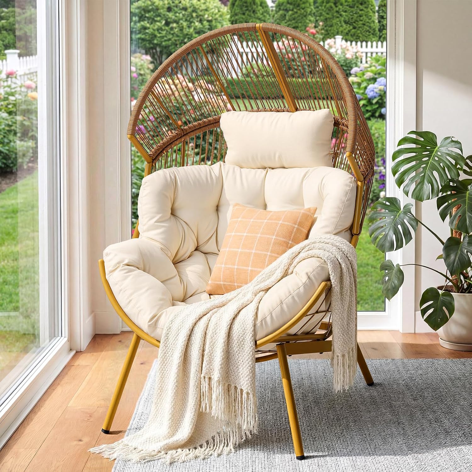 Oversized Rattan Basket Egg Chair 550LBS for Patio Balcony Bedroom