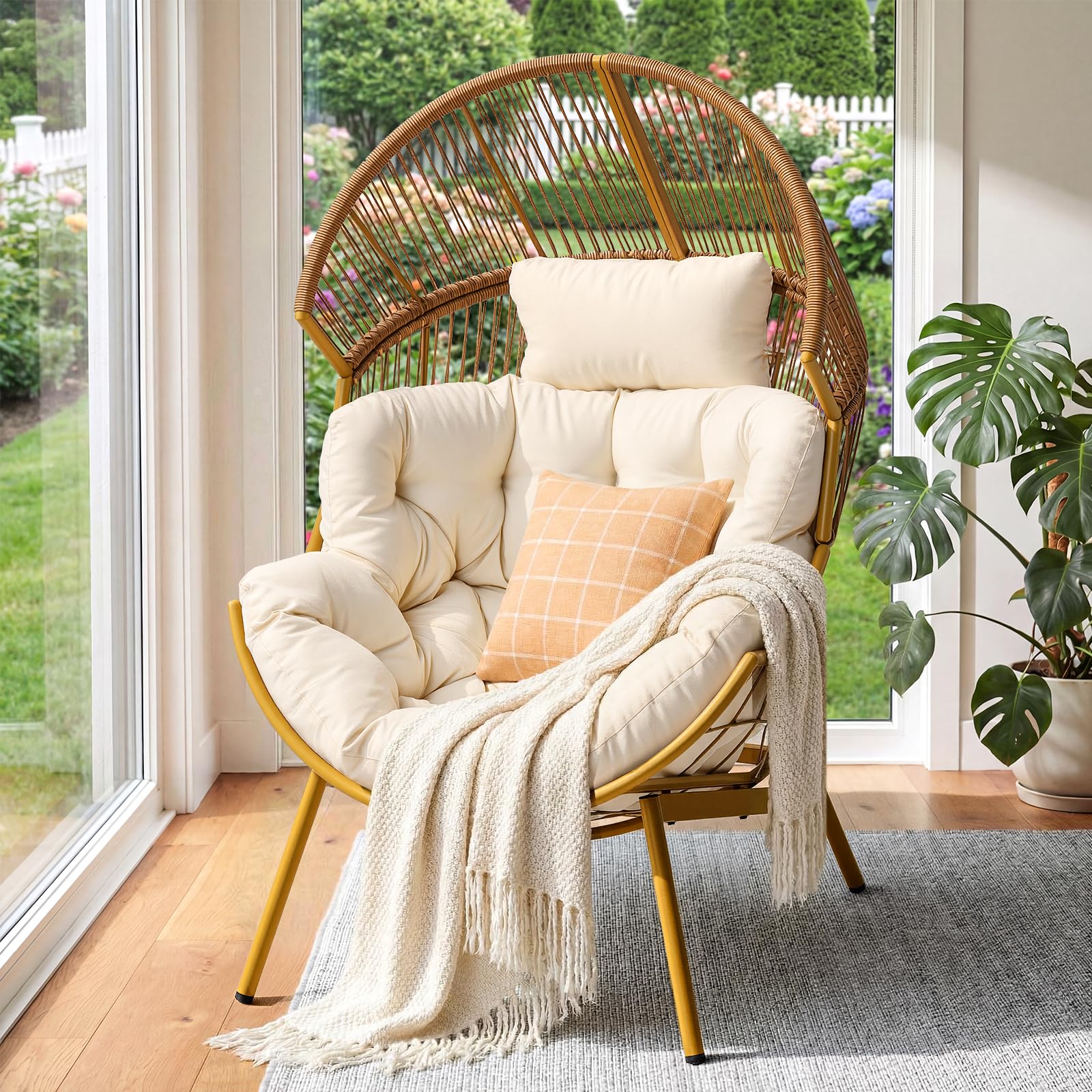 Oversized Rattan Basket Egg Chair 550LBS for Patio Balcony Bedroom