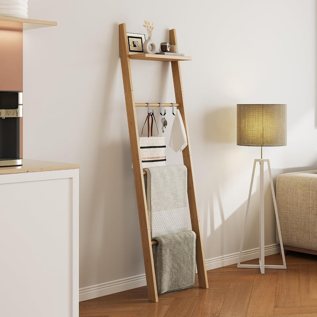 Farmhouse Leaning Bamboo Quilt Rack with Storage Shelf for Bathroom Bedroom