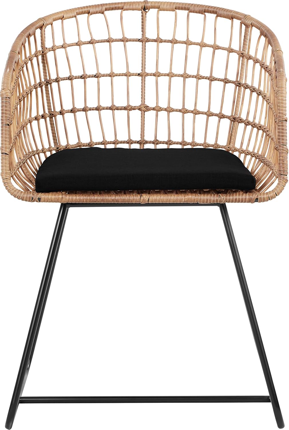 Tommy Hilfiger Graham Rattan Dining Chair, Woven Wicker Armchair with Black Cushion and Metal Legs, Boho Modern Accent Chair for Dining Room, Living Room or Office, Natural