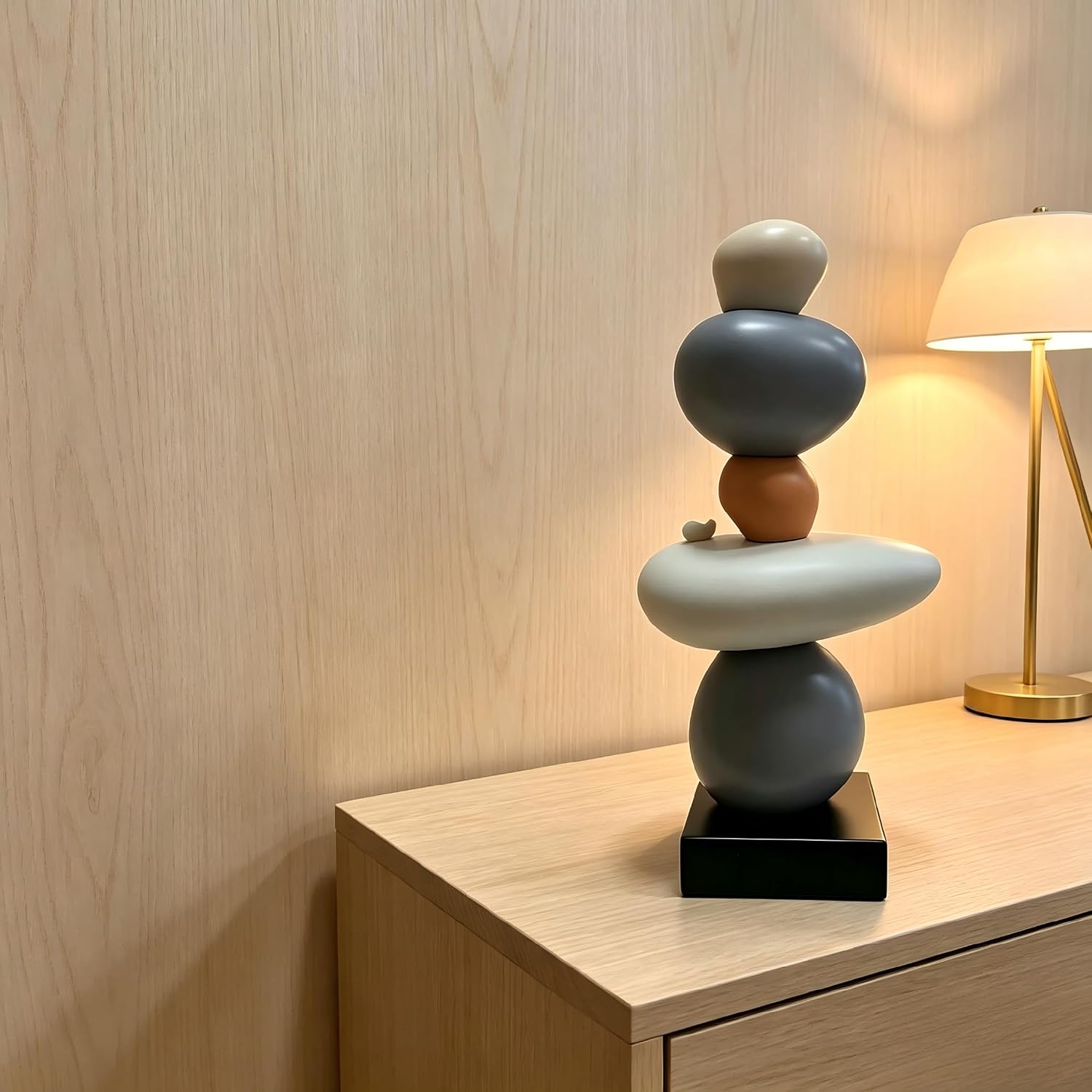 Zen Stacked Stones Sculpture, 12.6” Resin Balance Rock Statue for Modern Home Decor, Minimalist Abstract Stone Figurine for Living Room Shelf Desk Office, Neutral Color Decorative Art Ornament