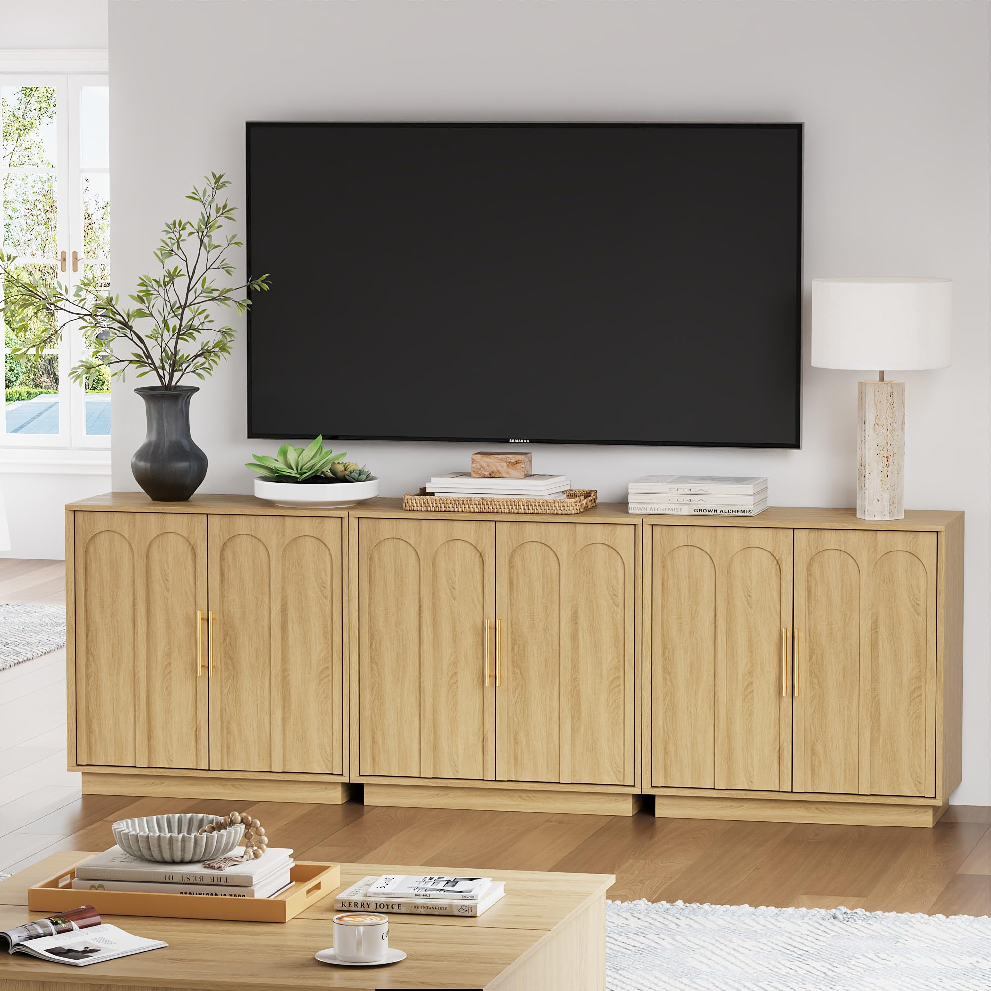 FORTUNETEC Sideboard Buffet Cabinet with Storage, Mid Century Modern Accent Cabinet with Arched Doors, Modular Media Console, Minimalist Credenza for Living Room Kitchen Dining Room Entryway, Walnut