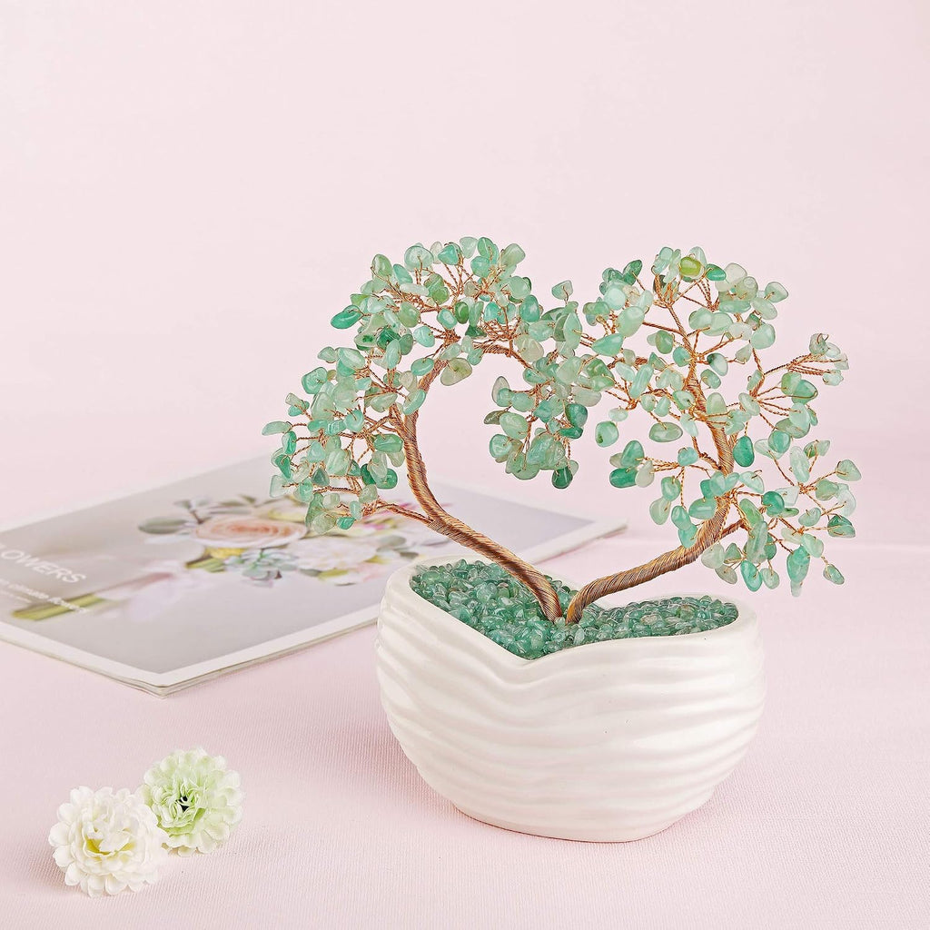 Jovivi Green Aventurine Gemstone Heart Money Tree Feng Shui Bonsai for Reiki Healing Chakra Stone Balancing Energy Generator Spiritual Meditation Home Interior Office Decor 7.87"-8.26"