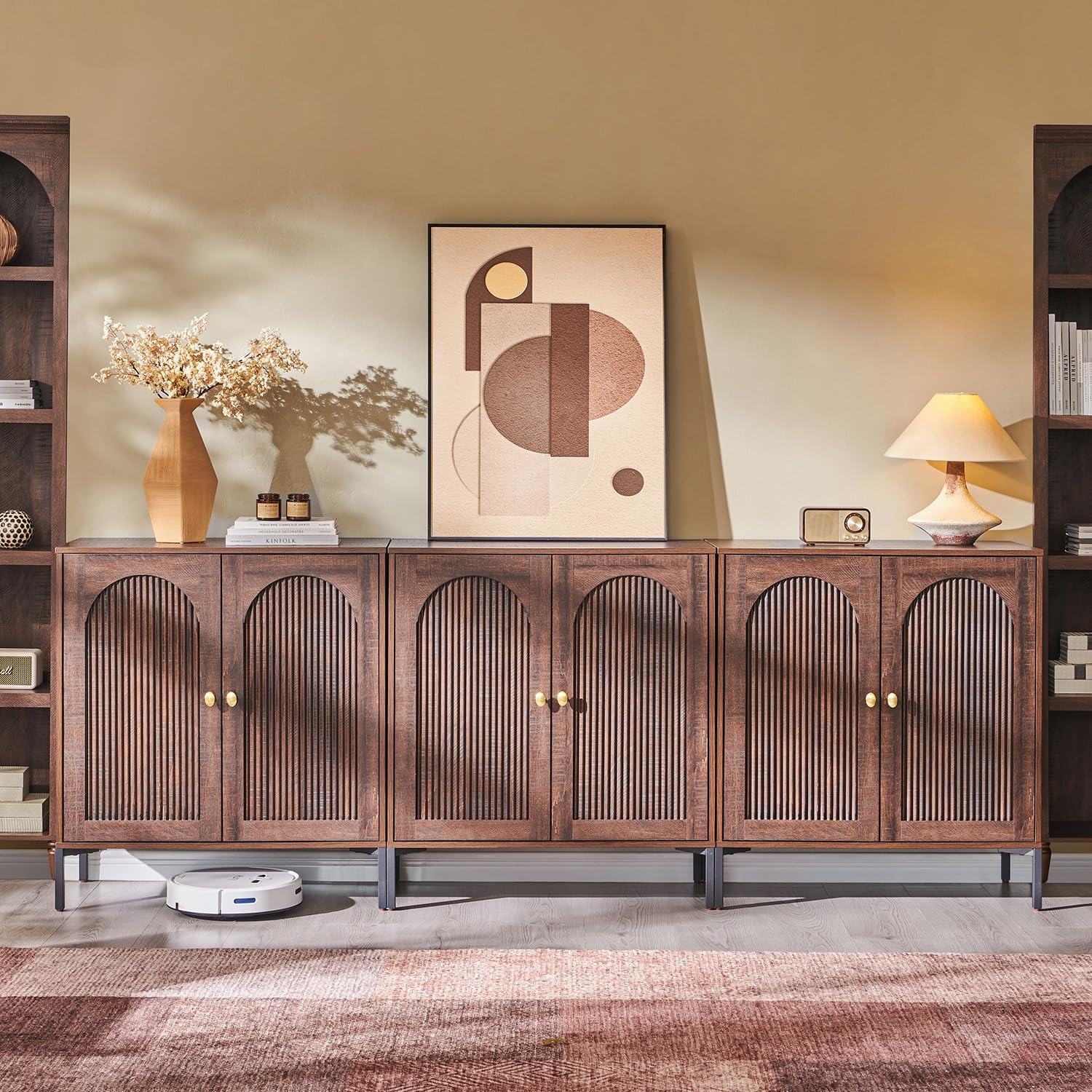 IFGET Modern Buffet Cabinet with Storage, 34" Tall Fluted Arched Sideboard Cabinet w/Adjustable Shelves, Wooden Modular Coffee Bar for Dining Room, Kitchen, Living Room, Entryway, Natural