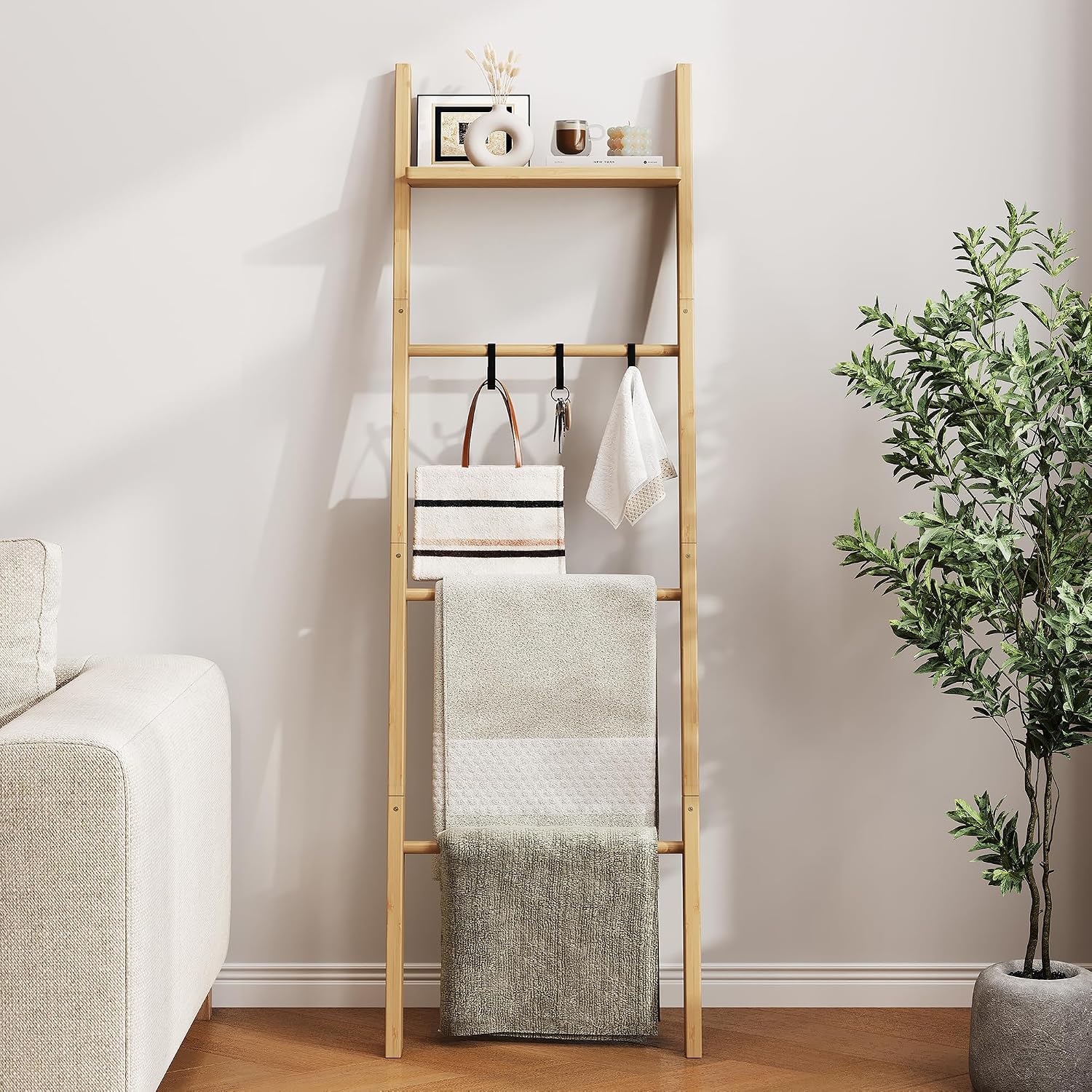 Farmhouse Leaning Bamboo Quilt Rack with Storage Shelf for Bathroom Bedroom