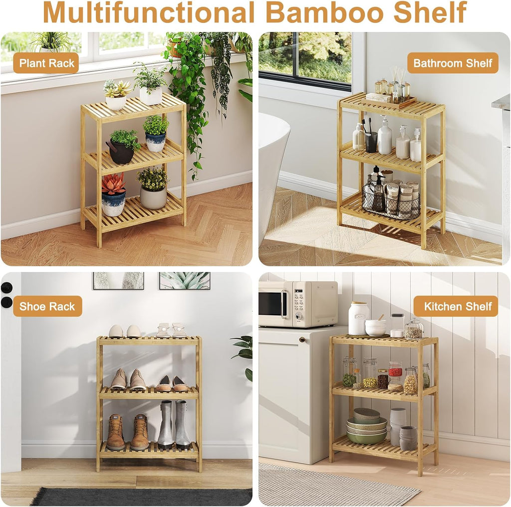 kinbor Bamboo Rack Multifunctional Bathroom Kitchen Living Room Holder Plant Flower Stand Utility Storage Shelf (3-Tier)