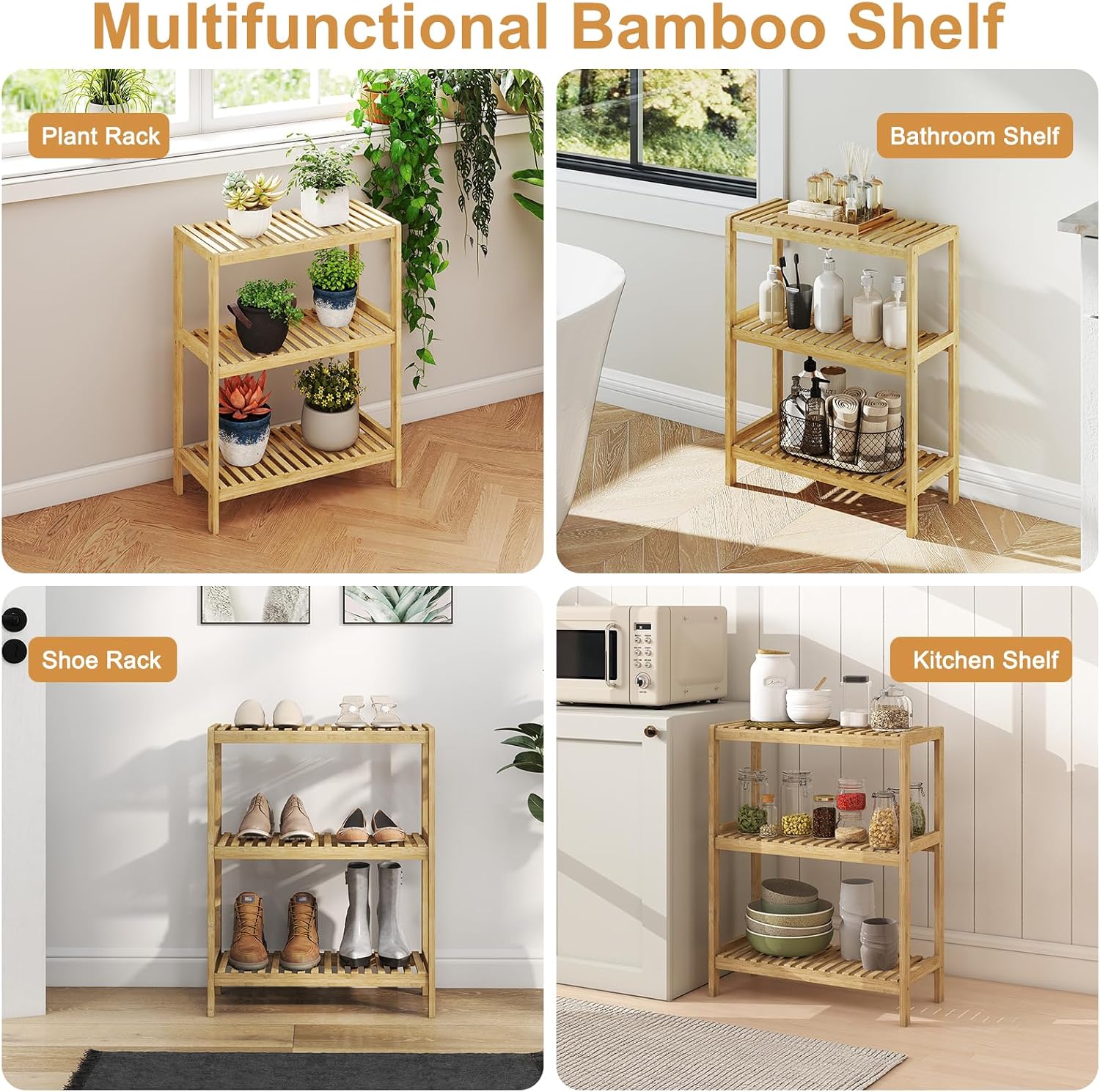 kinbor Bamboo Rack Multifunctional Bathroom Kitchen Living Room Holder Plant Flower Stand Utility Storage Shelf (3-Tier)