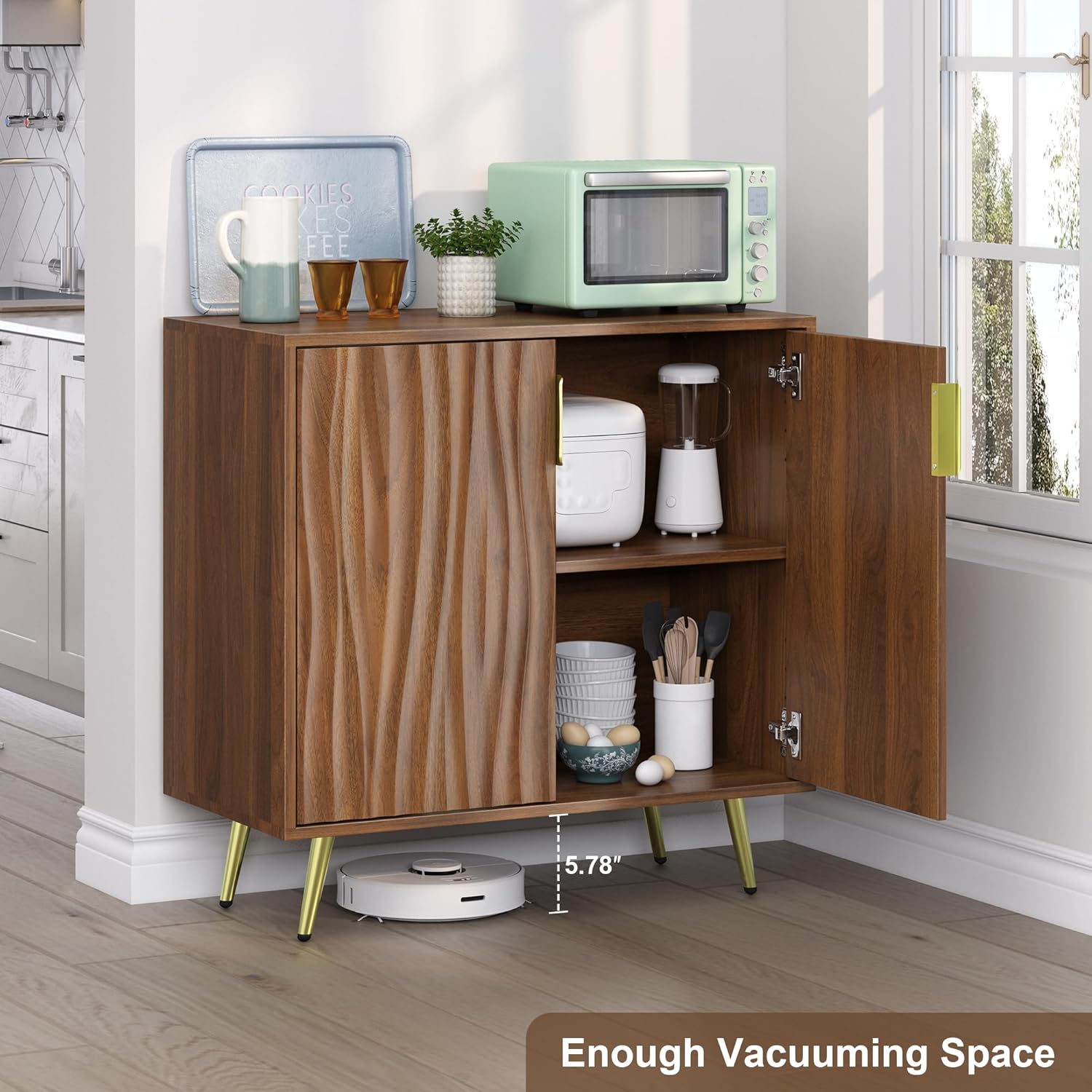 Walnut Buffet Cabinet with Fluted Doors & Adjustable Shelves for Living Room Kitchen