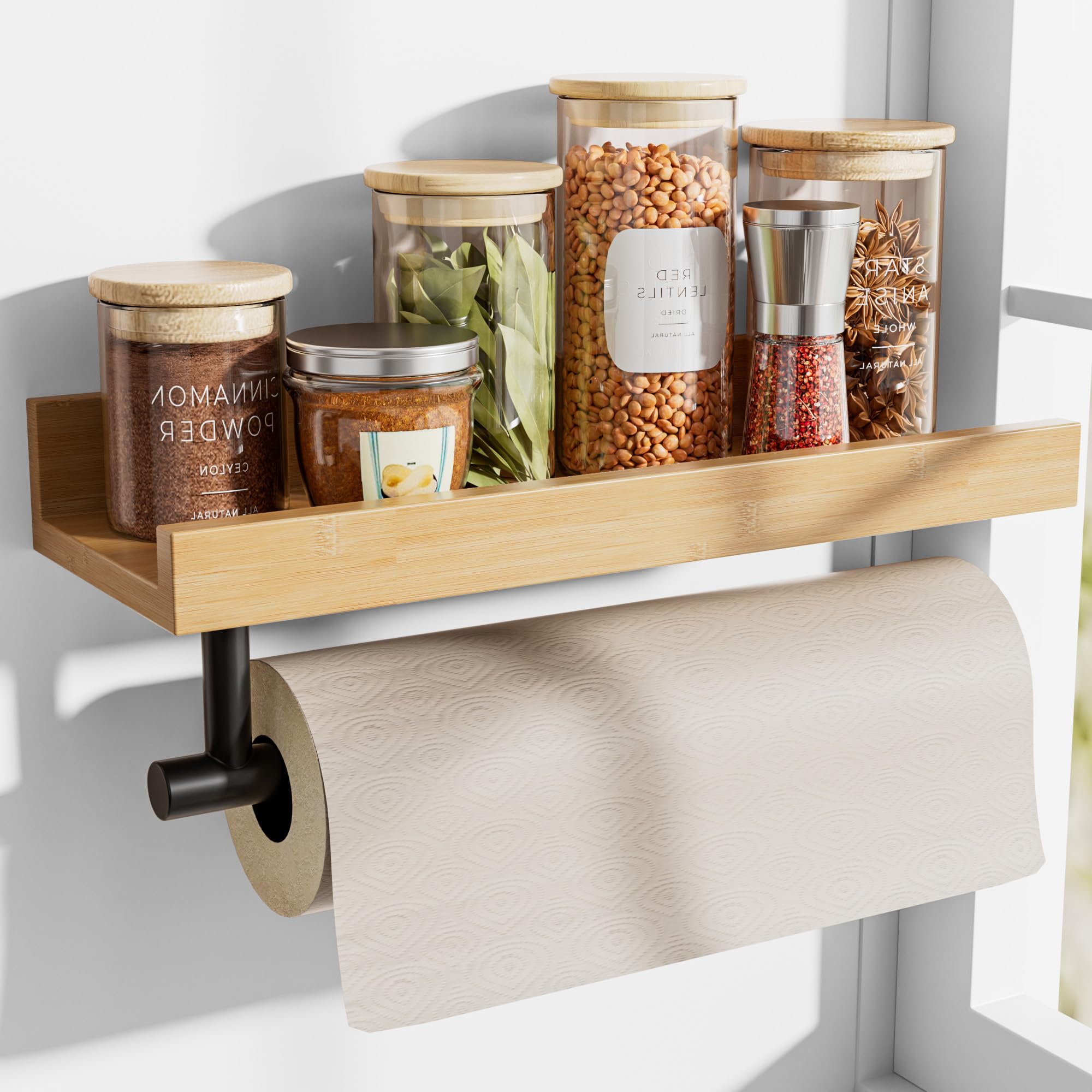 LAMU Paper Towel Holder Wall Mount with Shelf, Bamboo Tissue Paper Spice Rack, 13 inch Hanging Roll Holder for Kitchen, Bathroom, Garage, Toilet, Laundry Room, 2 Pack